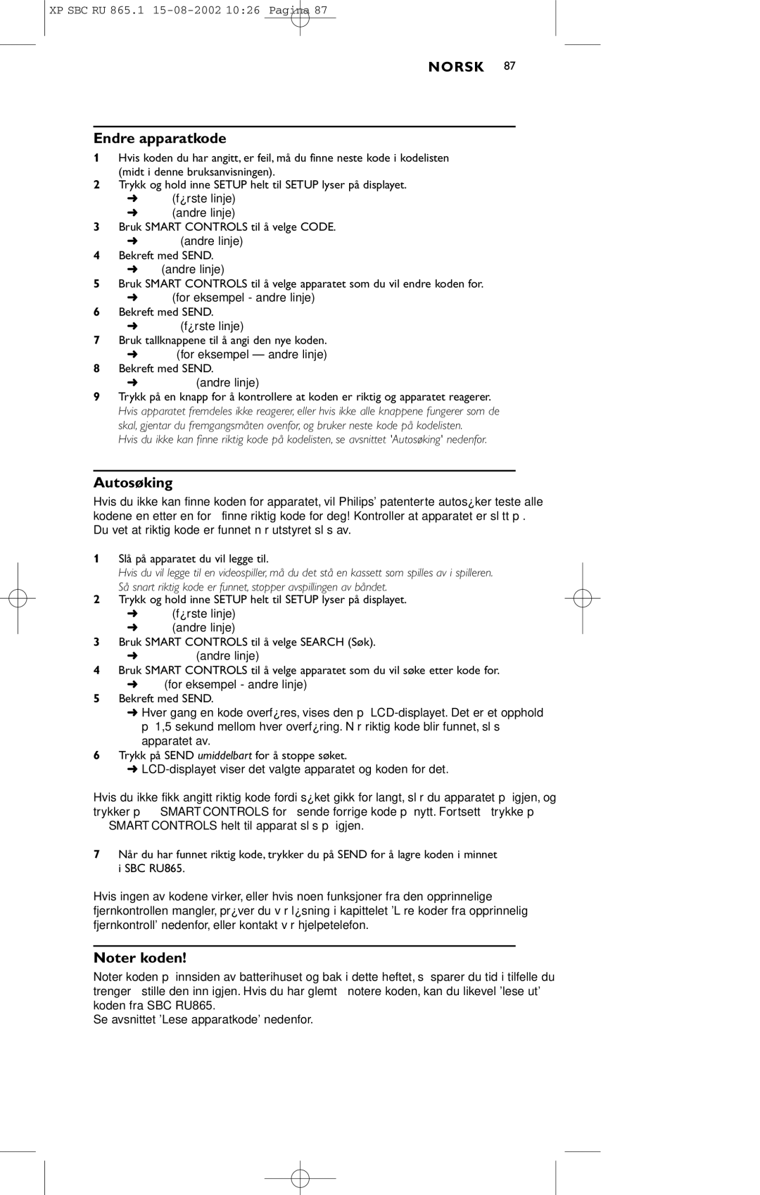 Philips SBC RU 865/00 manual Endre apparatkode, Autosøking 