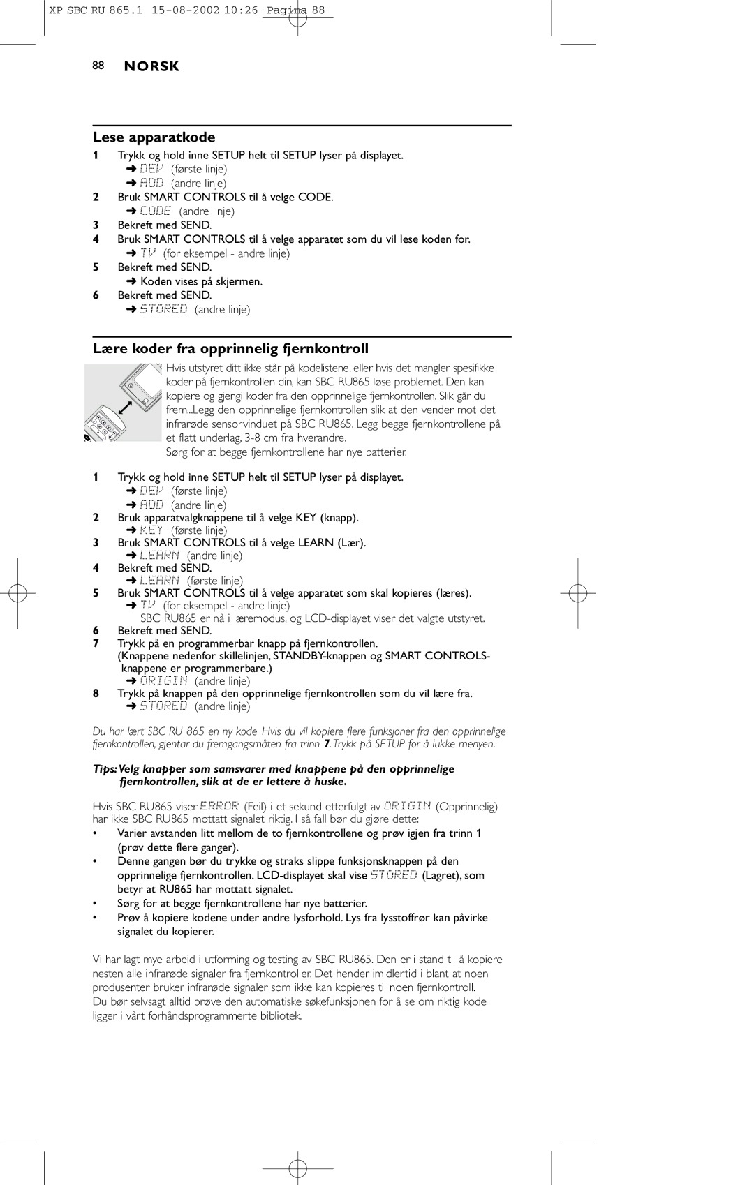 Philips SBC RU 865/00 manual Lese apparatkode, Lære koder fra opprinnelig fjernkontroll 