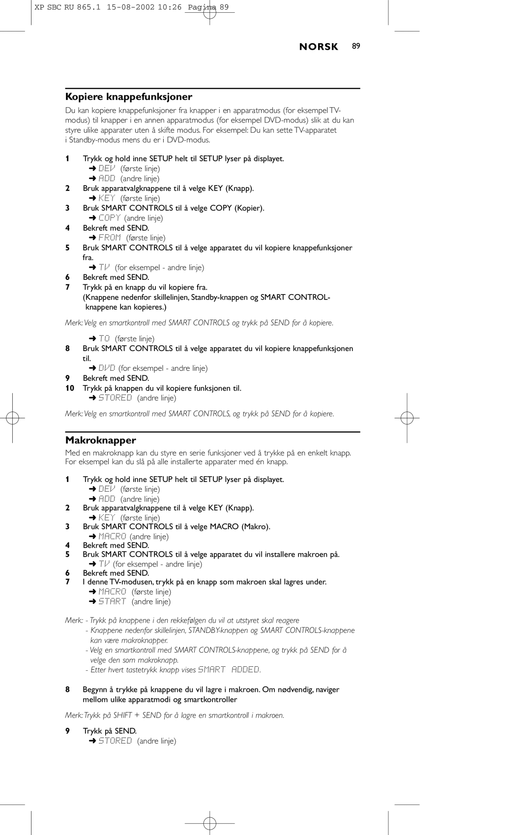 Philips SBC RU 865/00 manual Kopiere knappefunksjoner, Makroknapper 