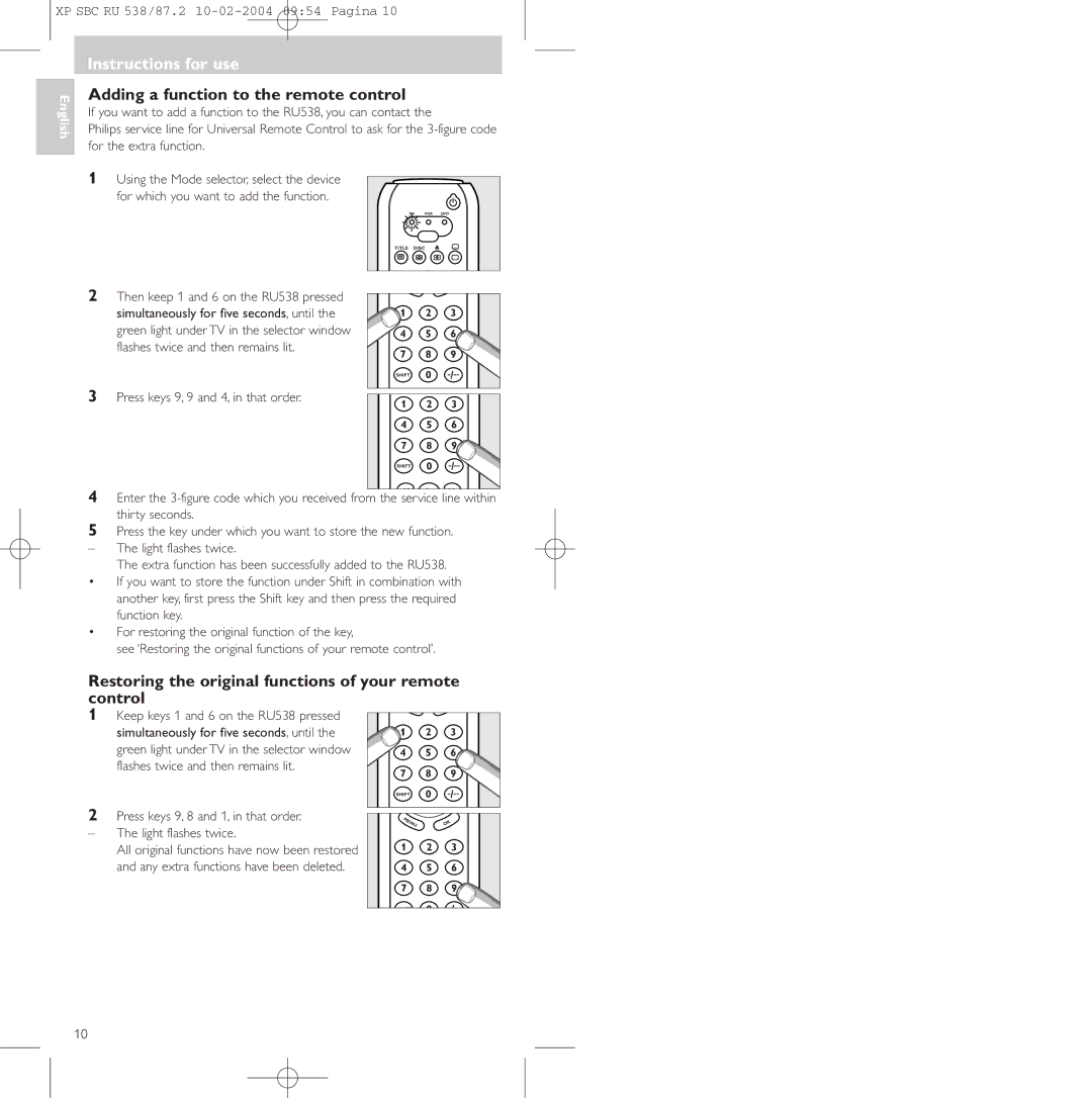 Philips SBC RU 87U manual Adding a function to the remote control, Restoring the original functions of your remote control 