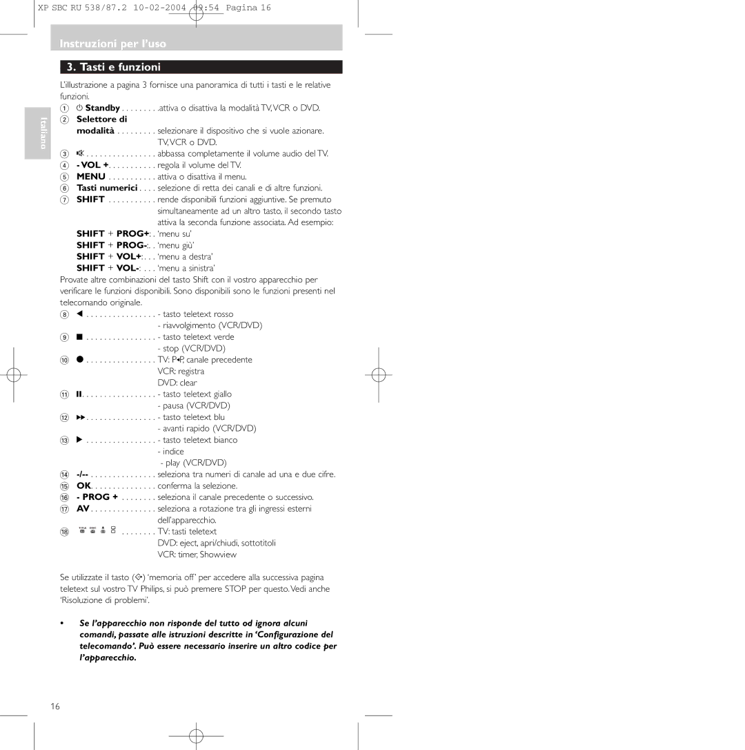 Philips SBC RU 87U, SBC RU 538 manual Instruzioni per l’uso Tasti e funzioni, Selettore di, Shift + Prog, Shift + VOL+ 