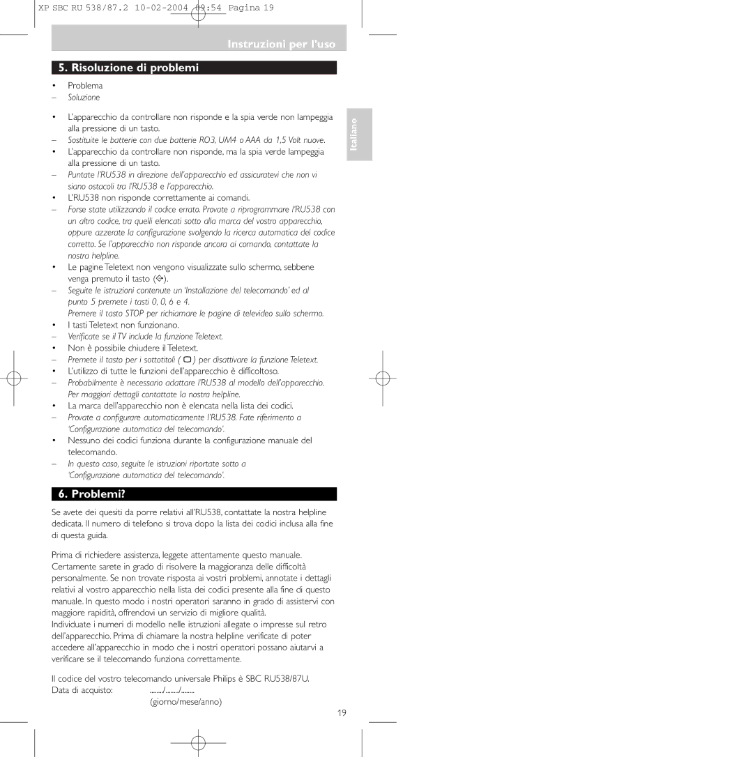 Philips SBC RU 538, SBC RU 87U manual Instruzioni per l’uso Risoluzione di problemi, Problemi?, Soluzione 