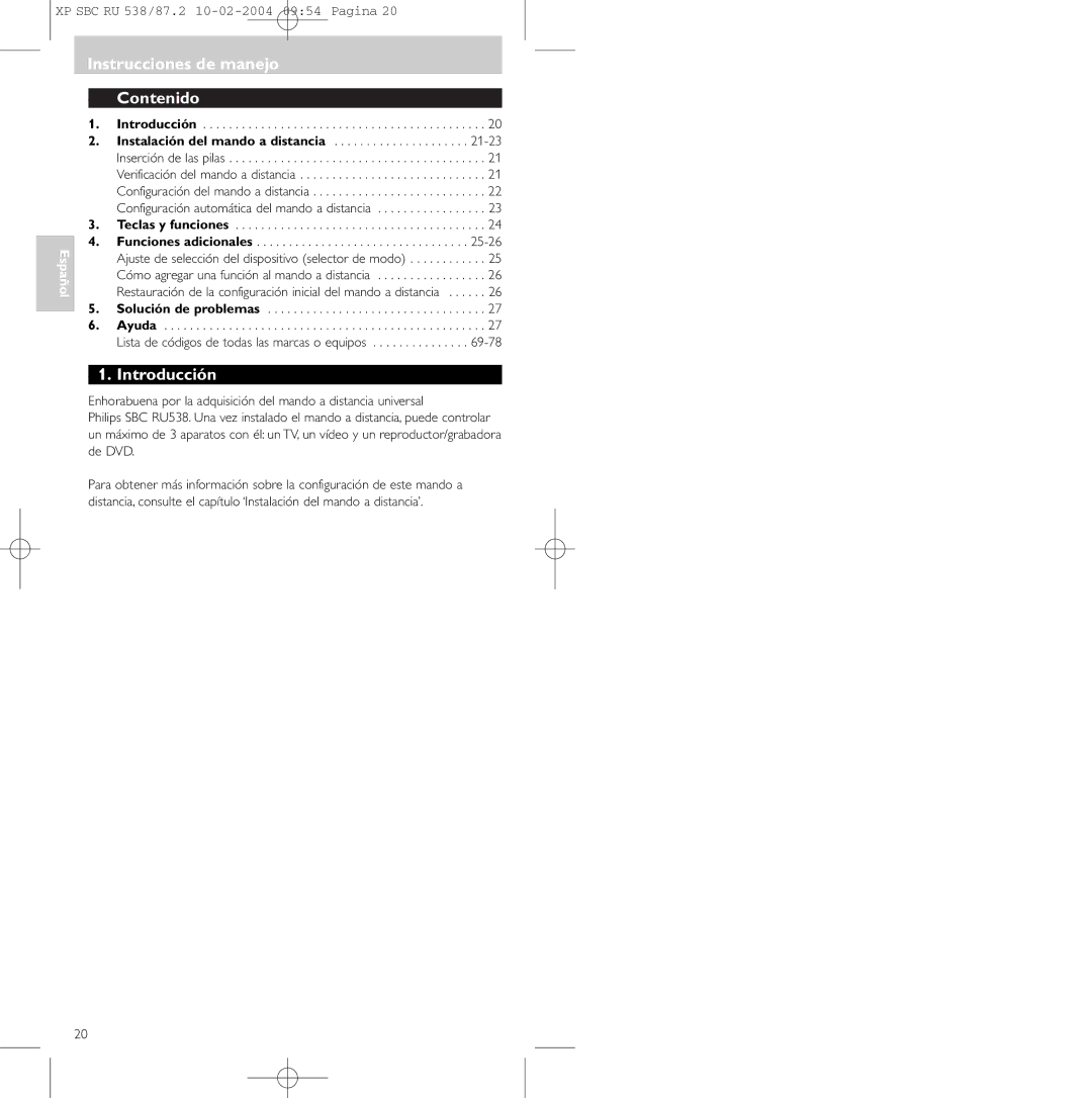 Philips SBC RU 87U, SBC RU 538 manual Instrucciones de manejo Contenido, Introducción 