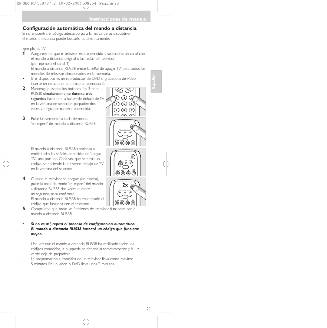 Philips SBC RU 538, SBC RU 87U manual Configuración automática del mando a distancia 