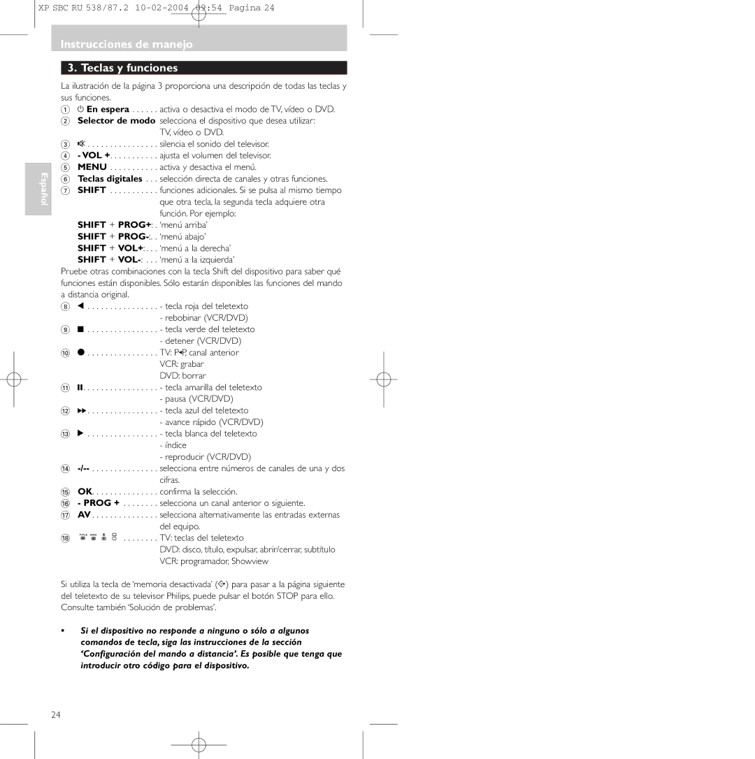 Philips SBC RU 87U, SBC RU 538 manual Instrucciones de manejo Teclas y funciones 