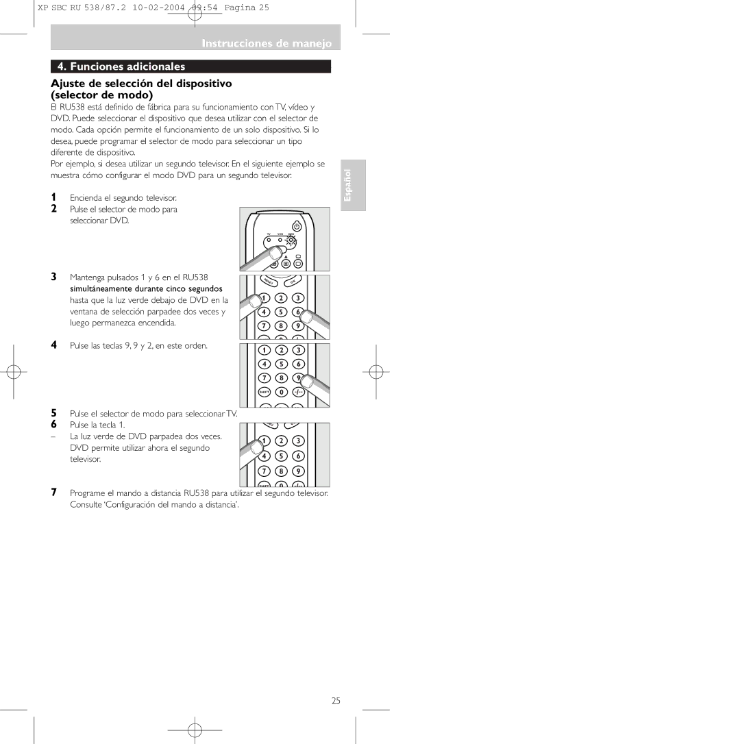 Philips SBC RU 538 Instrucciones de manejo Funciones adicionales, Ajuste de selección del dispositivo selector de modo 