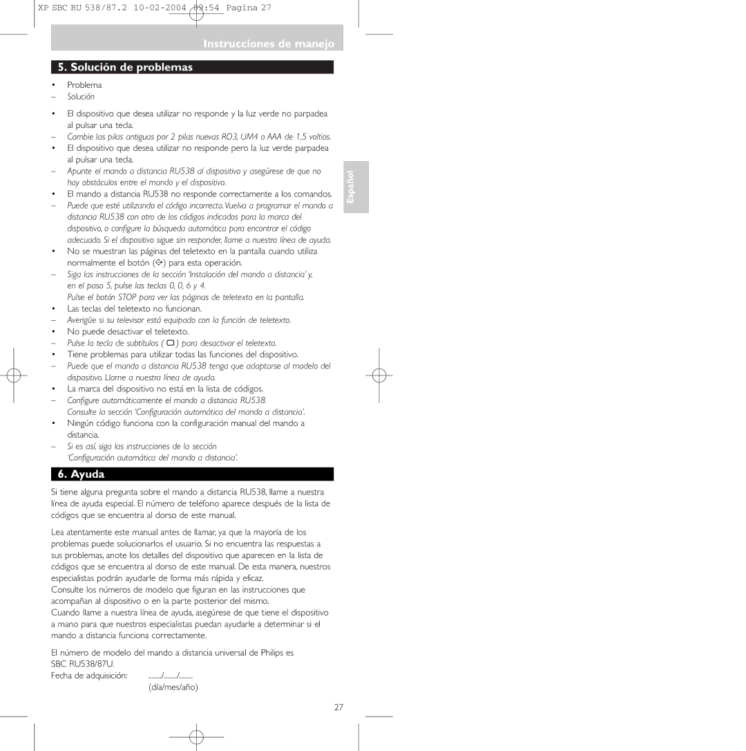 Philips SBC RU 538, SBC RU 87U manual Instrucciones de manejo Solución de problemas, Ayuda 