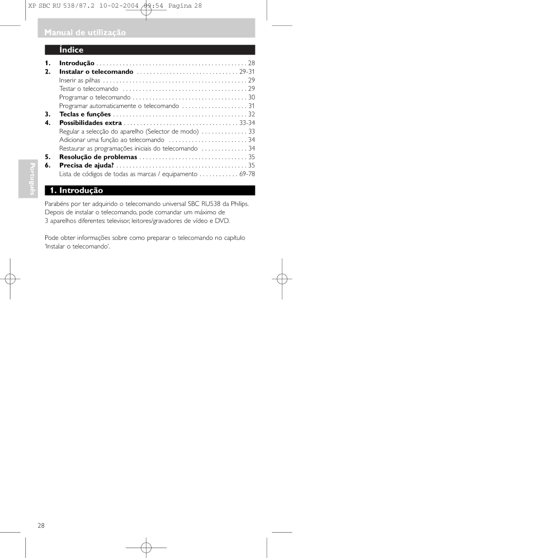 Philips SBC RU 87U, SBC RU 538 manual Manual de utilização Índice, Introdução, Teclas e funções, Resolução de problemas 