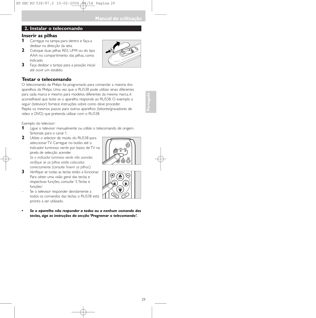 Philips SBC RU 538, SBC RU 87U manual Manual de utilização Instalar o telecomando, Inserir as pilhas, Testar o telecomando 