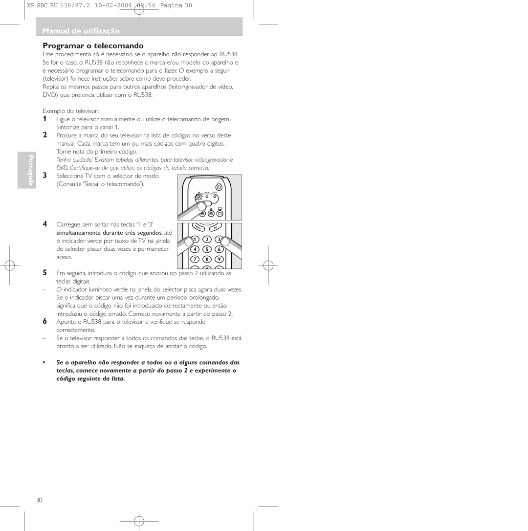 Philips SBC RU 87U manual Manual de utilização, Programar o telecomando, Carregue sem soltar nas teclas ‘1’ e ‘3’, Aceso 