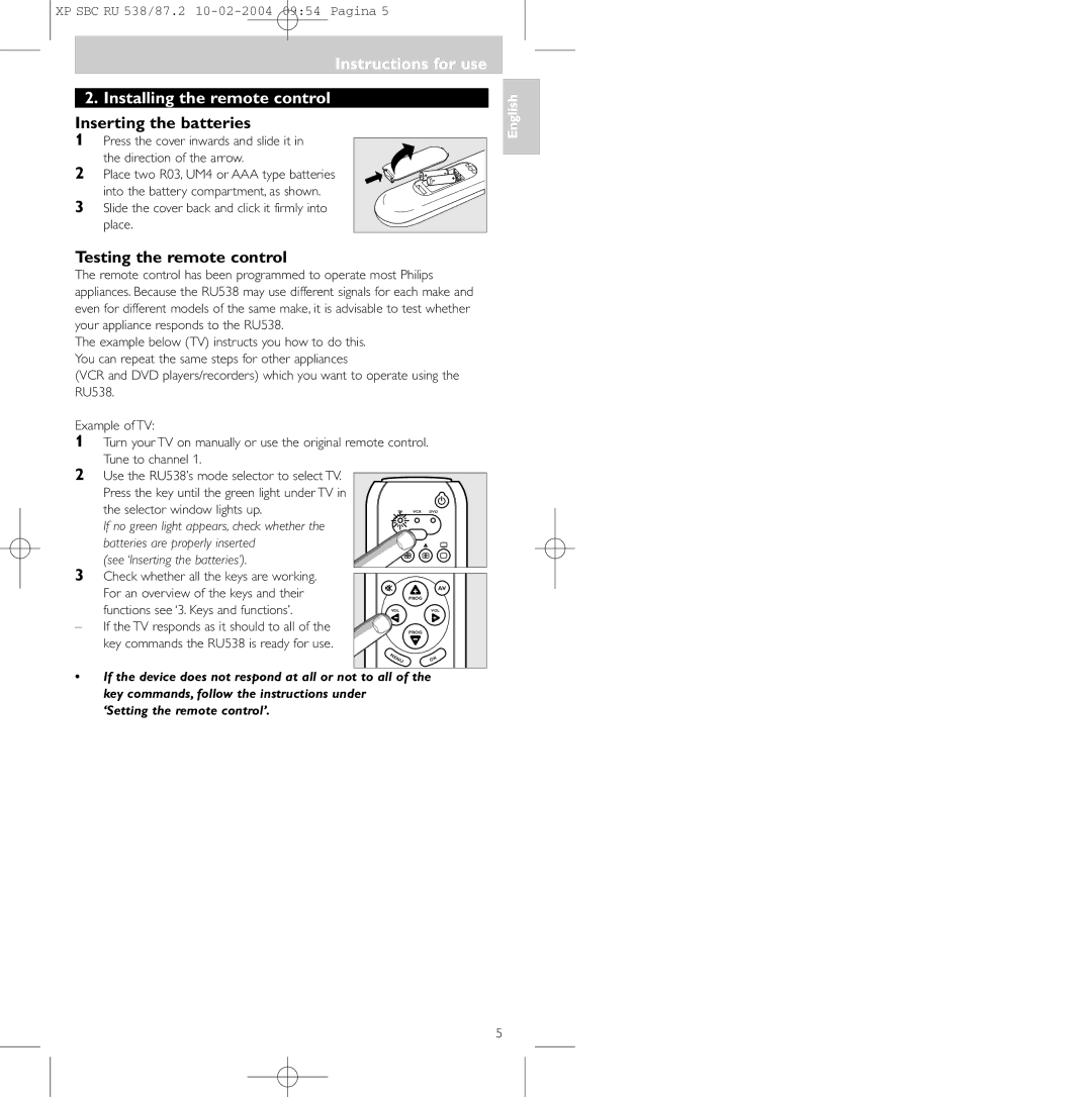 Philips SBC RU 538 Instructions for use Installing the remote control, Inserting the batteries, Testing the remote control 