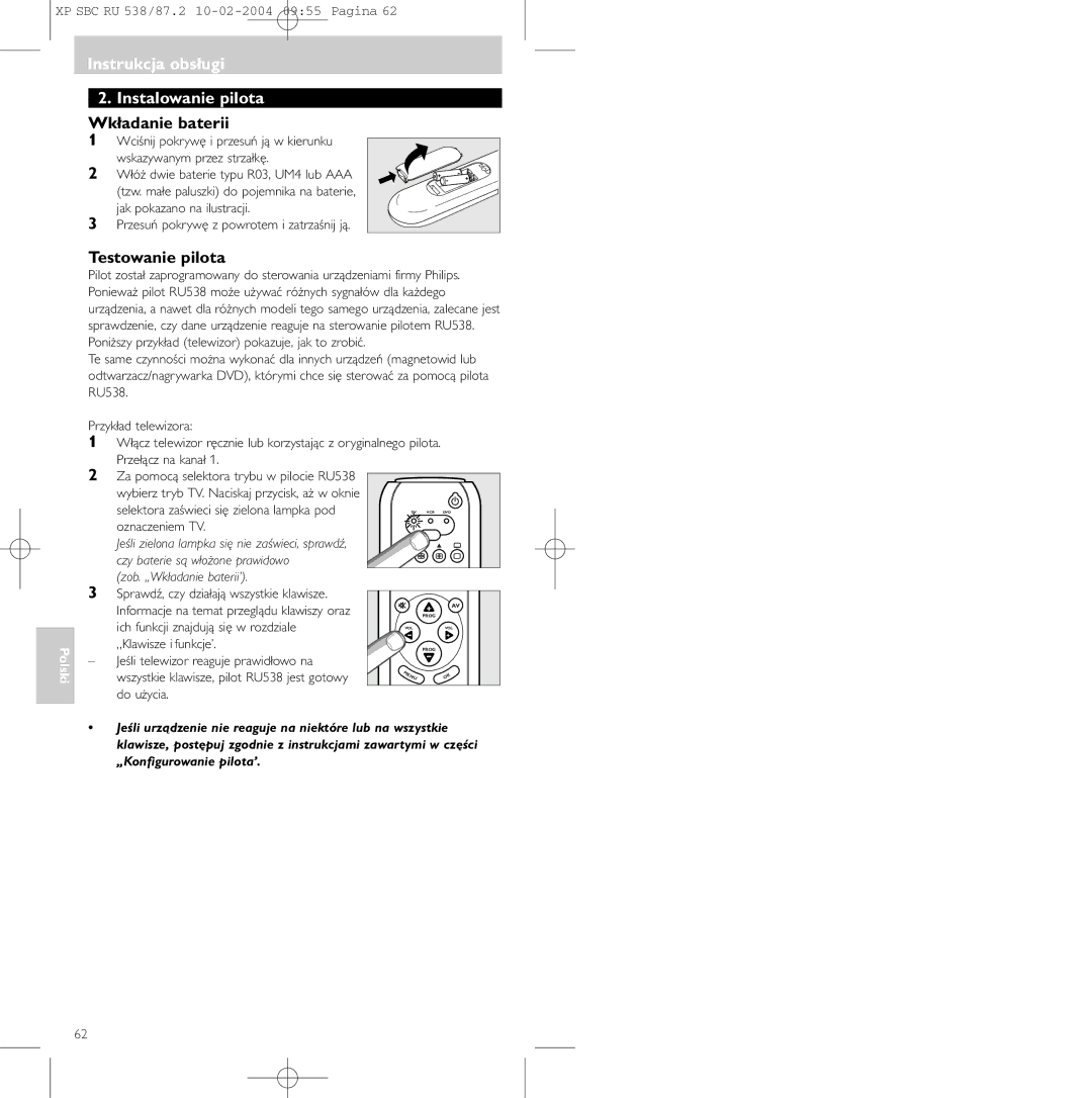 Philips SBC RU 87U, SBC RU 538 manual Instrukcja obsługi Instalowanie pilota, Wkładanie baterii, Testowanie pilota 