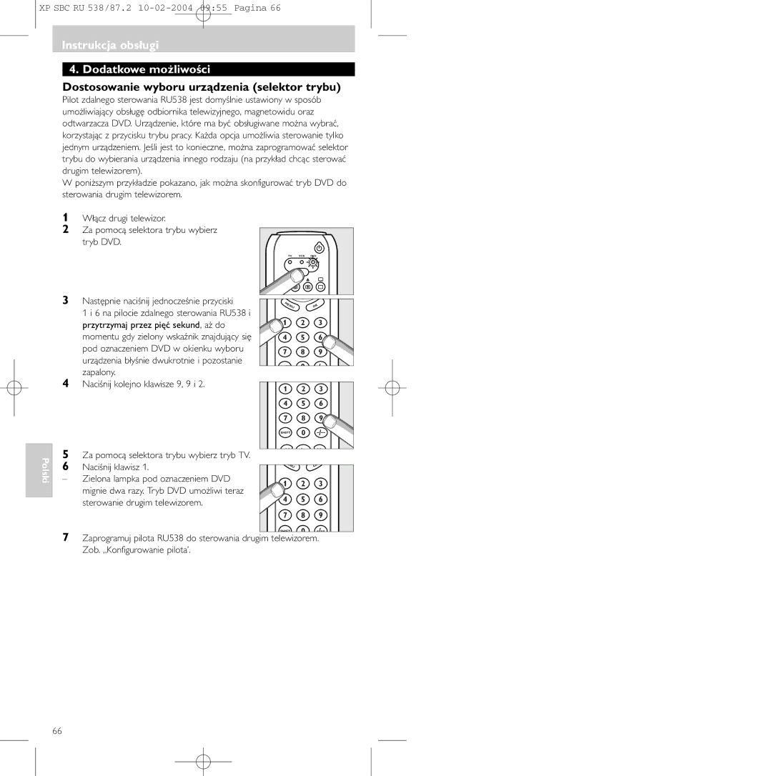 Philips SBC RU 87U, SBC RU 538 manual Instrukcja obsługi Dodatkowe możliwości, Dostosowanie wyboru urządzenia selektor trybu 