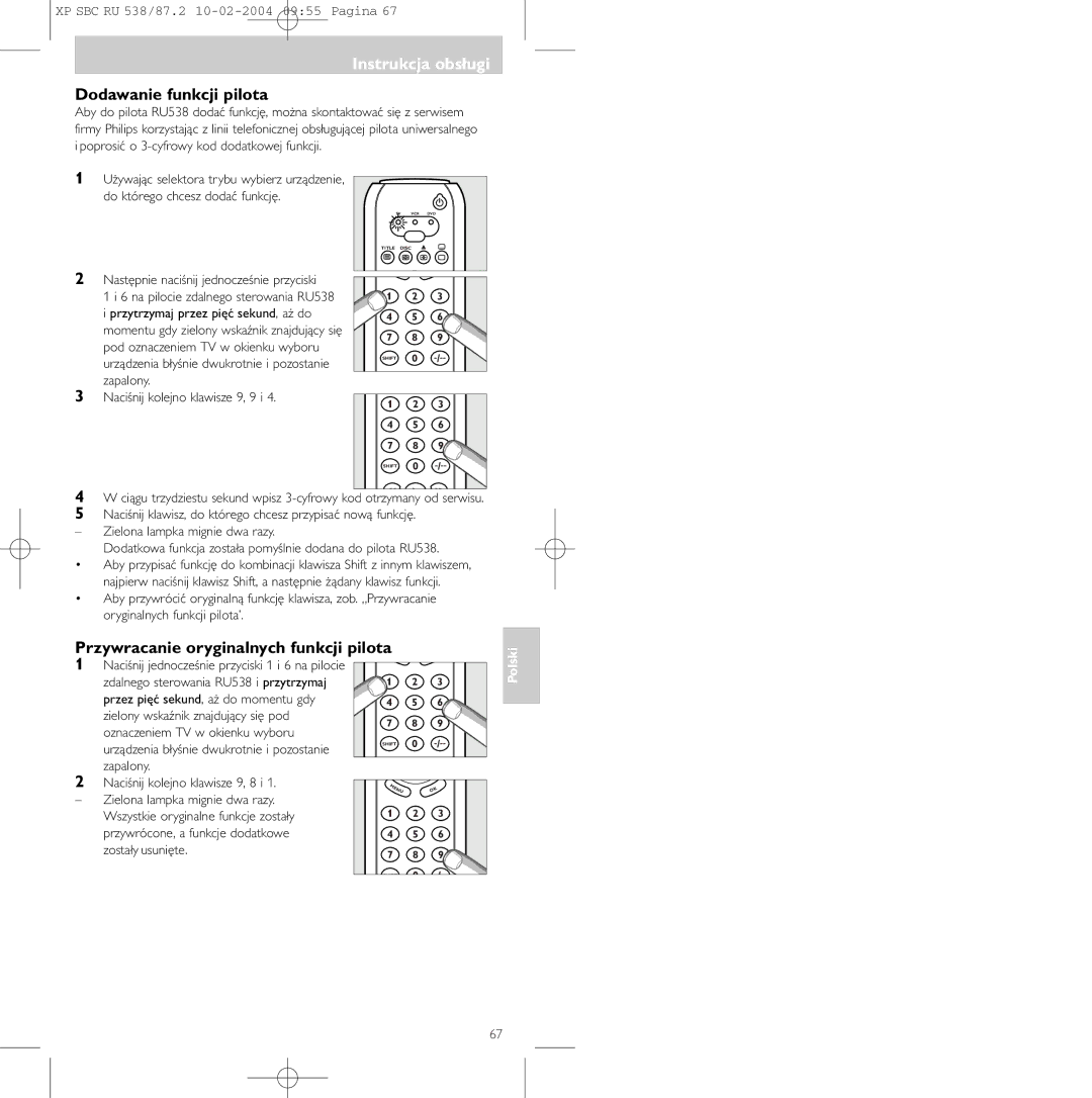 Philips SBC RU 538, SBC RU 87U manual Dodawanie funkcji pilota, Przywracanie oryginalnych funkcji pilota 