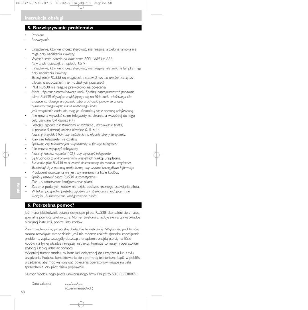 Philips SBC RU 87U, SBC RU 538 manual Instrukcja obsługi Rozwiązywanie problemów, Potrzebna pomoc?, Rozwiązanie 