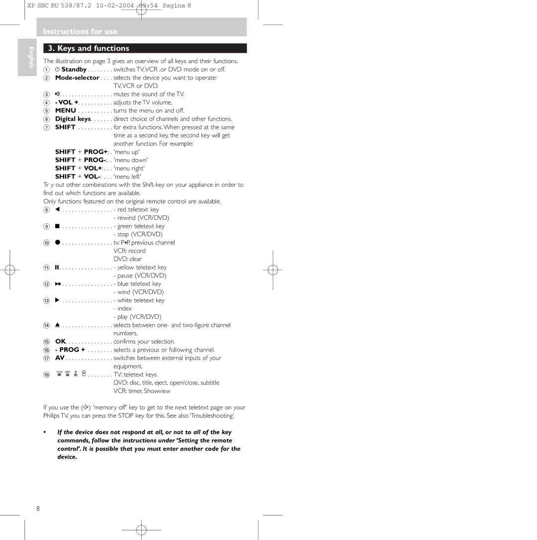 Philips SBC RU 87U, SBC RU 538 manual Instructions for use Keys and functions 