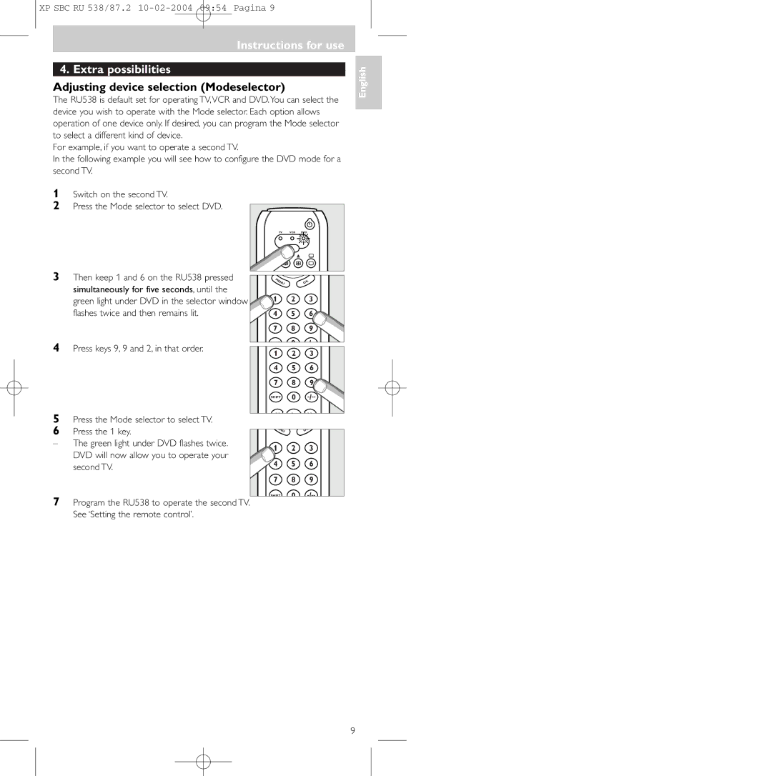 Philips SBC RU 538, SBC RU 87U manual Instructions for use Extra possibilities, Adjusting device selection Modeselector 