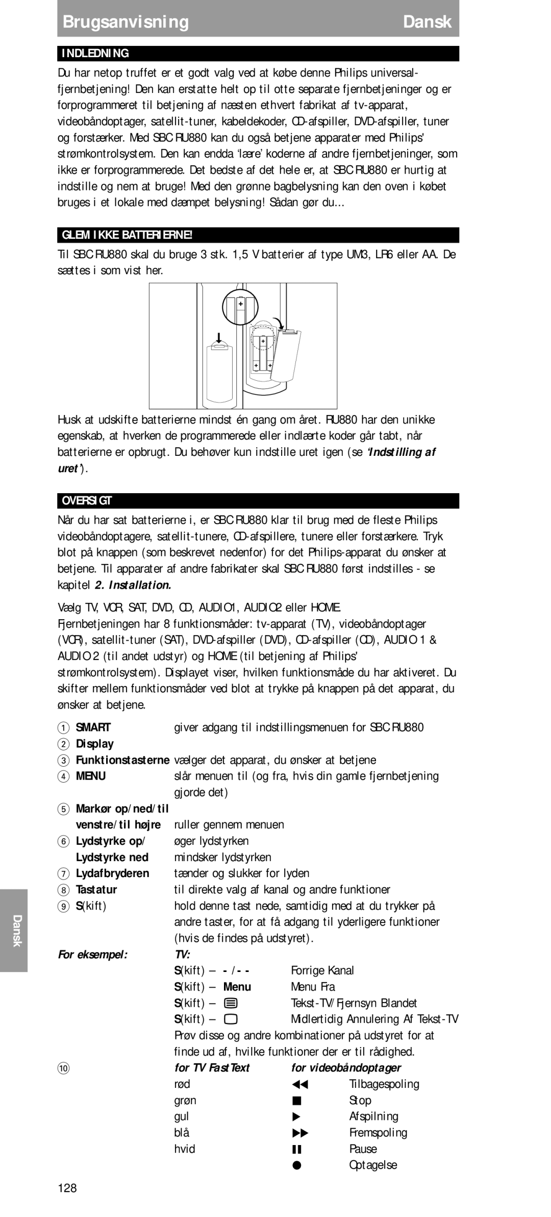 Philips SBC RU 880 manual Uret’, For eksempel, For TV FastText For videobåndoptager 