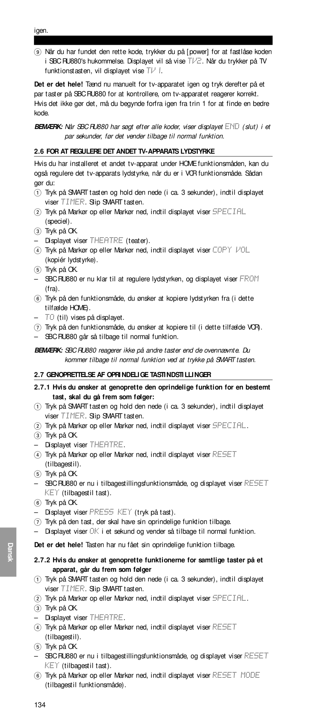 Philips SBC RU 880 manual For AT Regulere DET Andet TV-APPARATS Lydstyrke, Genoprettelse AF Oprindelige Tastindstillinger 