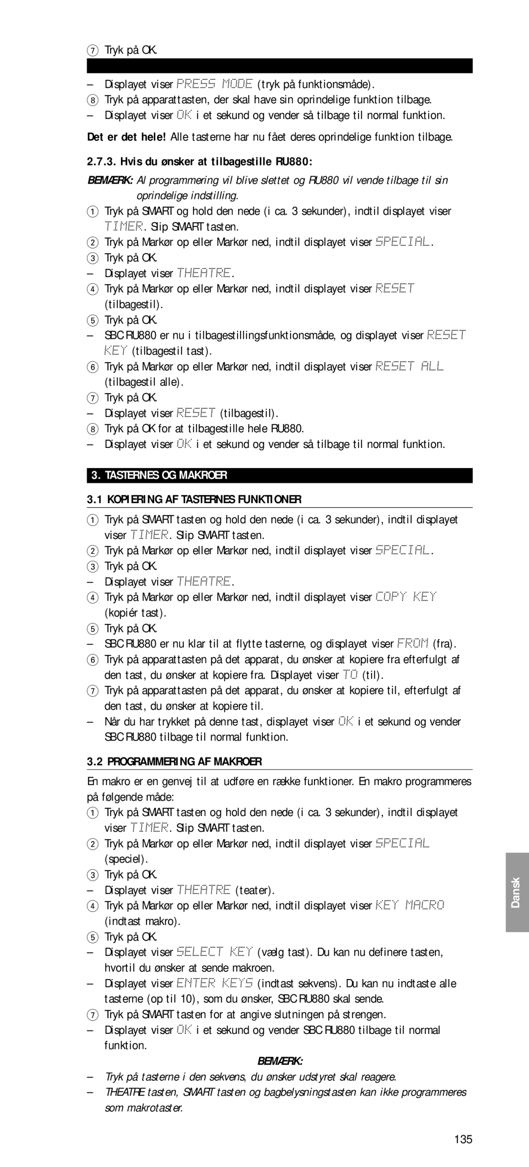 Philips SBC RU 880 Hvis du ønsker at tilbagestille RU880, Tasternes OG Makroer, Kopiering AF Tasternes Funktioner, 135 
