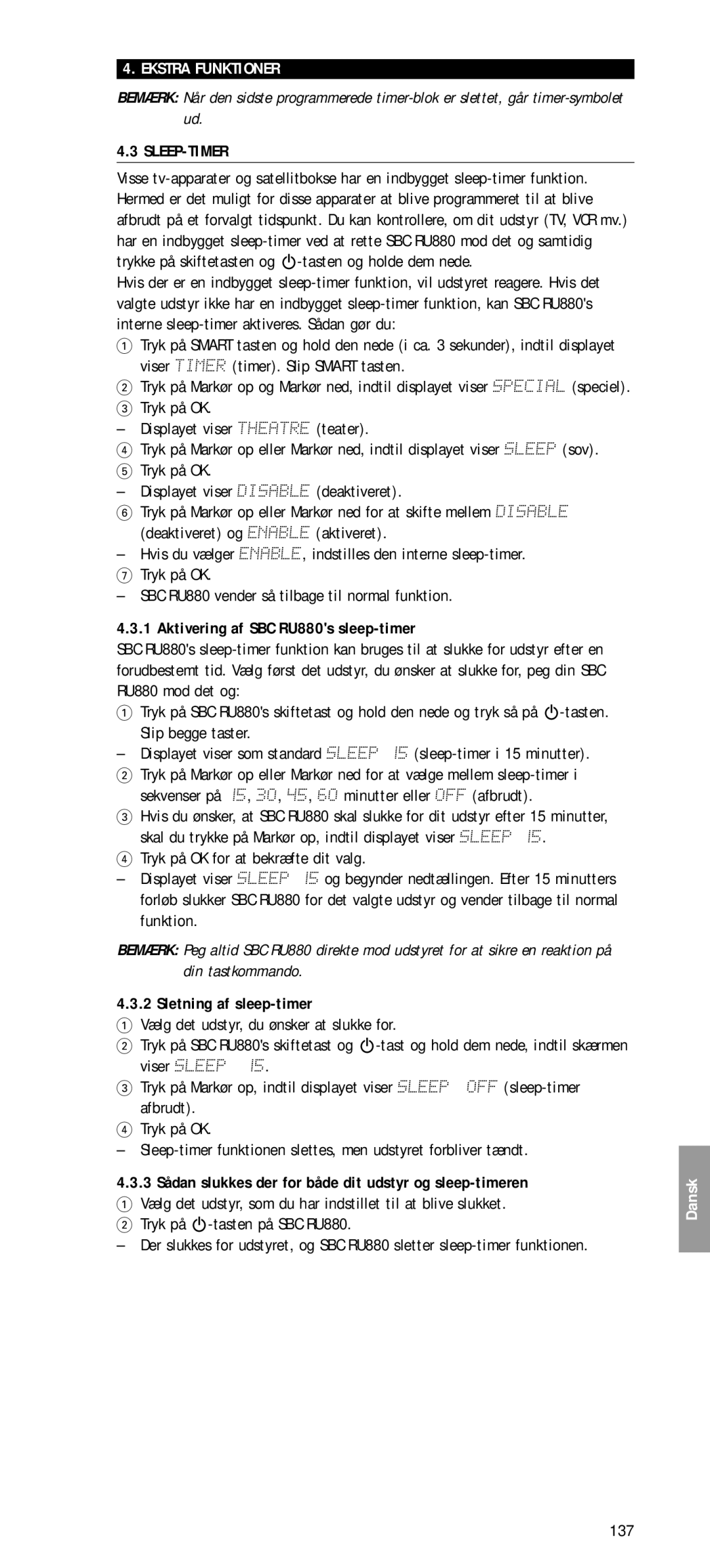 Philips SBC RU 880 manual Aktivering af SBC RU880s sleep-timer, Sletning af sleep-timer, 137 
