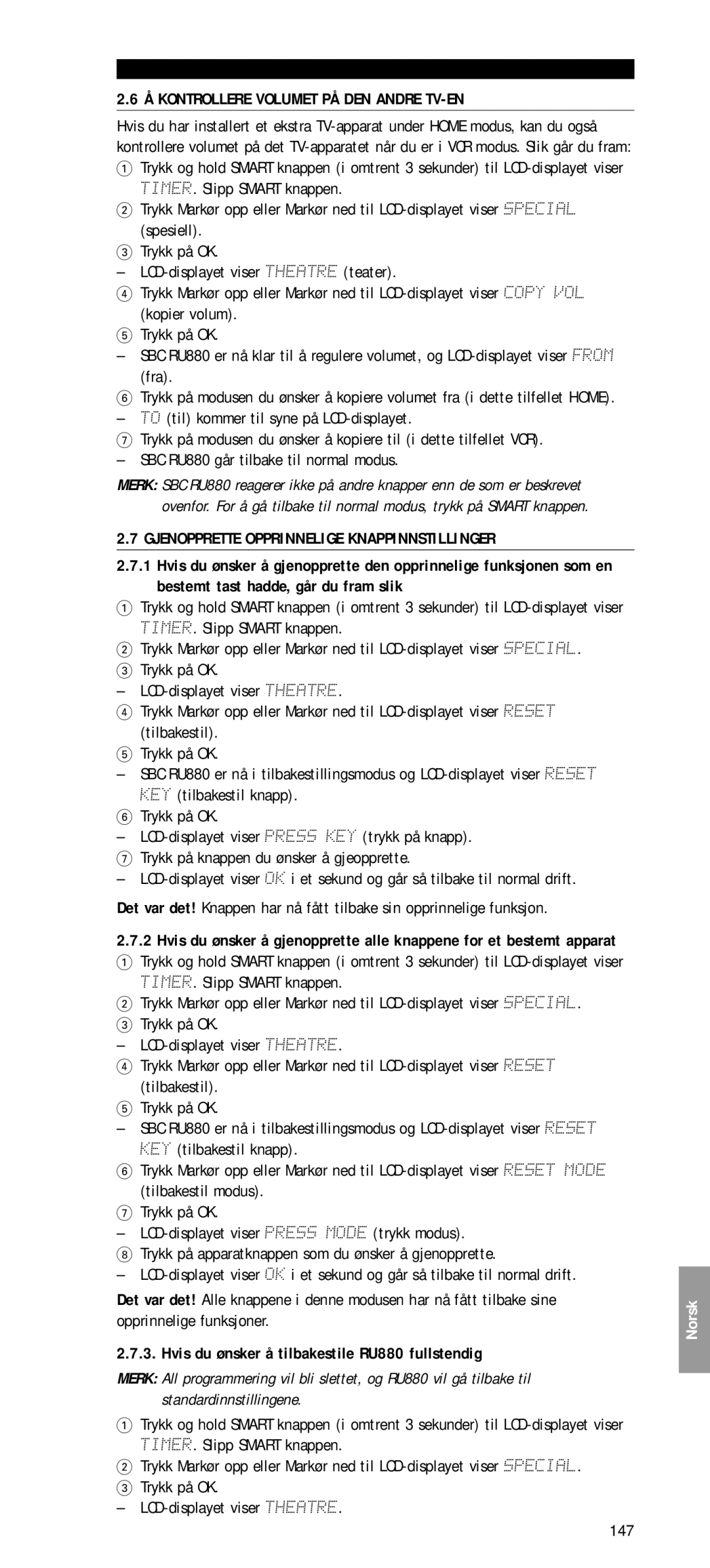 Philips SBC RU 880 manual Å Kontrollere Volumet PÅ DEN Andre TV-EN, Gjenopprette Opprinnelige Knappinnstillinger, 147 