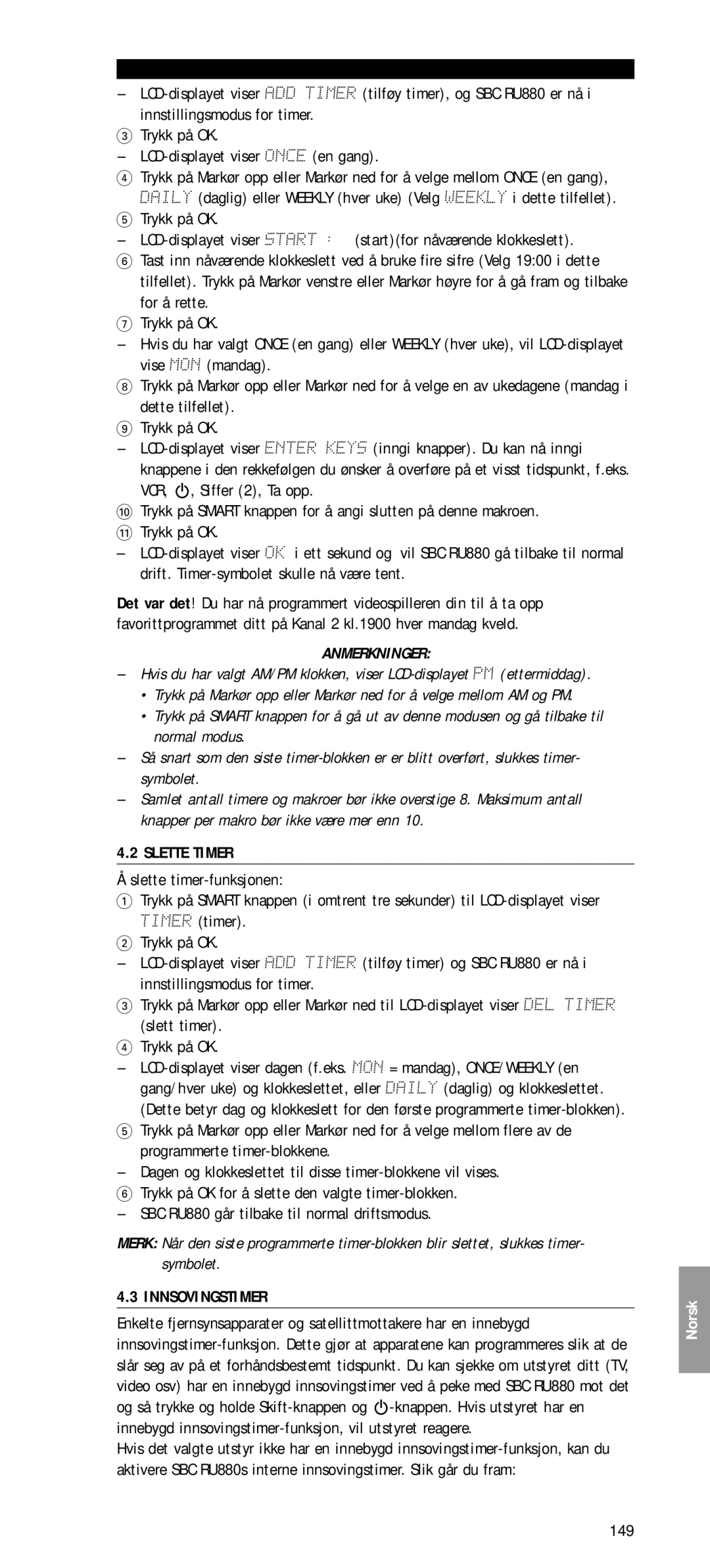 Philips SBC RU 880 manual Slette Timer, Slett timer Trykk på OK, Innsovingstimer, 149 