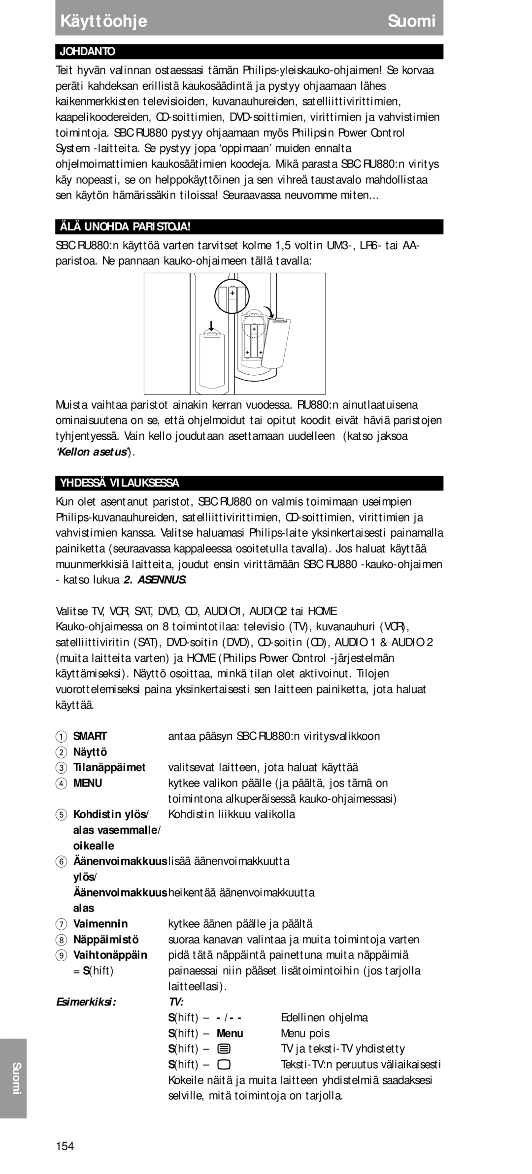 Philips SBC RU 880 manual Johdanto, ÄLÄ Unohda Paristoja, ‘Kellon asetus’, Yhdessä Vilauksessa, Esimerkiksi 