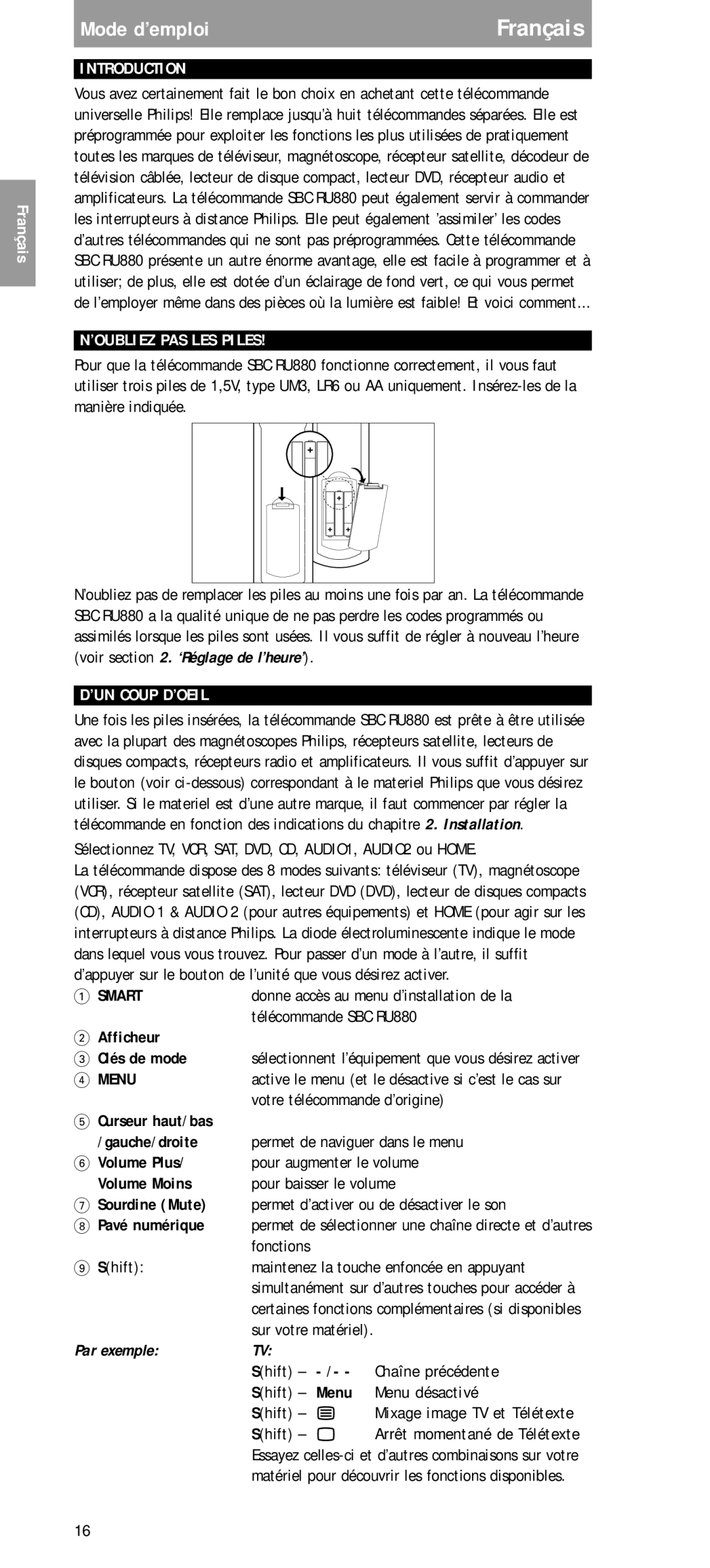 Philips SBC RU 880 manual ’OUBLIEZ PAS LES Piles, ’UN Coup D’OEIL, Par exemple 