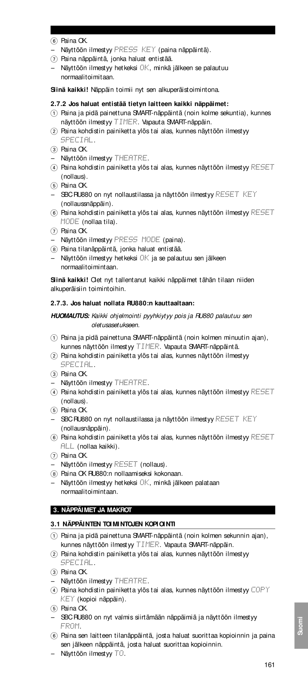 Philips SBC RU 880 manual Jos haluat entistää tietyn laitteen kaikki näppäimet, Jos haluat nollata RU880n kauttaaltaan, 161 