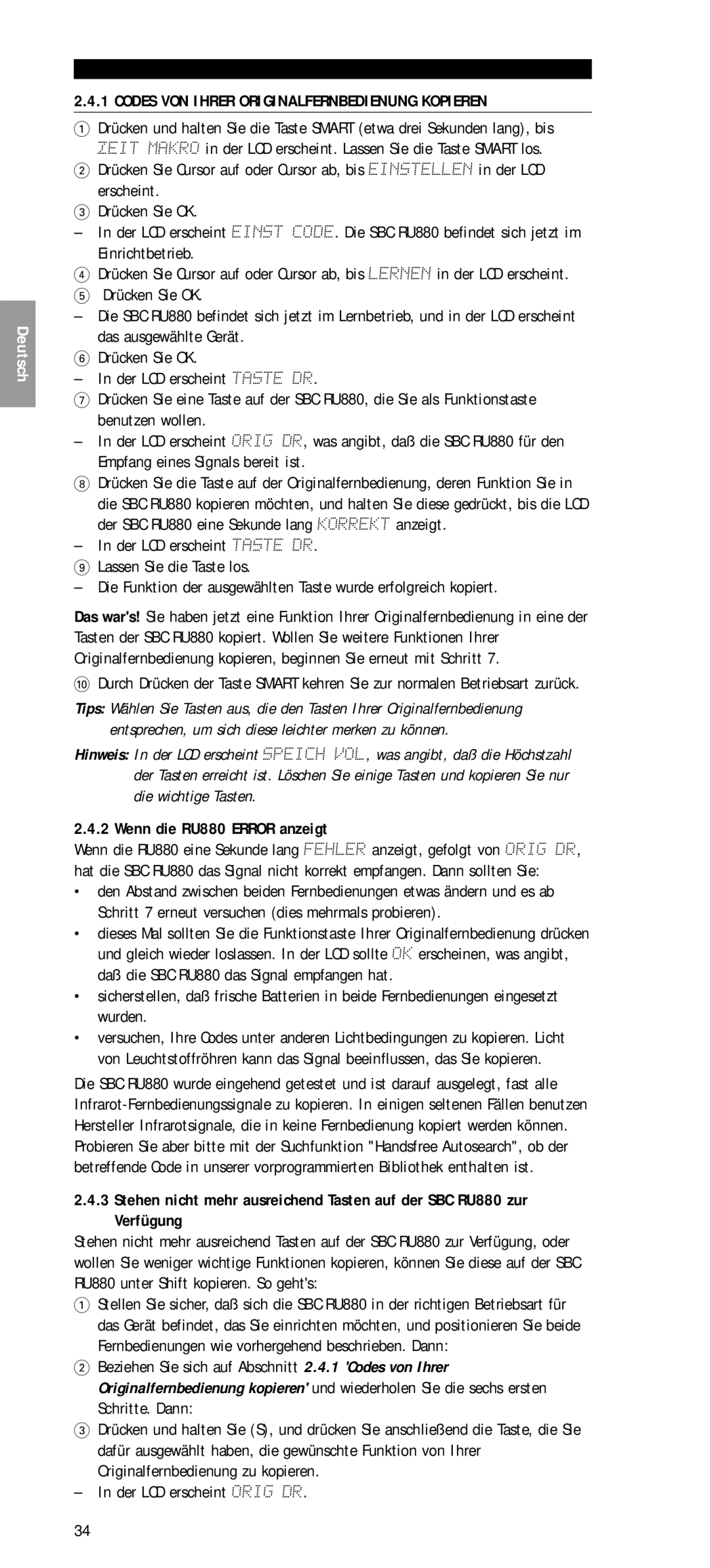 Philips SBC RU 880 manual Codes VON Ihrer Originalfernbedienung Kopieren, Wenn die RU880 Error anzeigt 