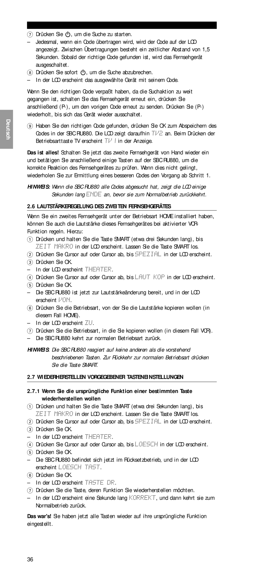 Philips SBC RU 880 manual Lautstärkeregelung DES Zweiten Fernsehgerätes, Wiederherstellen Vorgegebener Tasteneinstellungen 