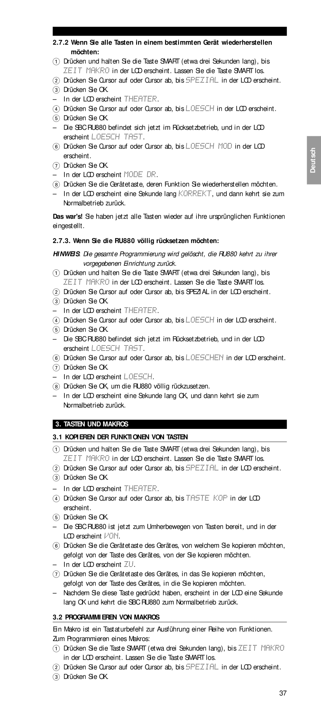 Philips SBC RU 880 Wenn Sie die RU880 völlig rücksetzen möchten, Tasten UND Makros, Kopieren DER Funktionen VON Tasten 