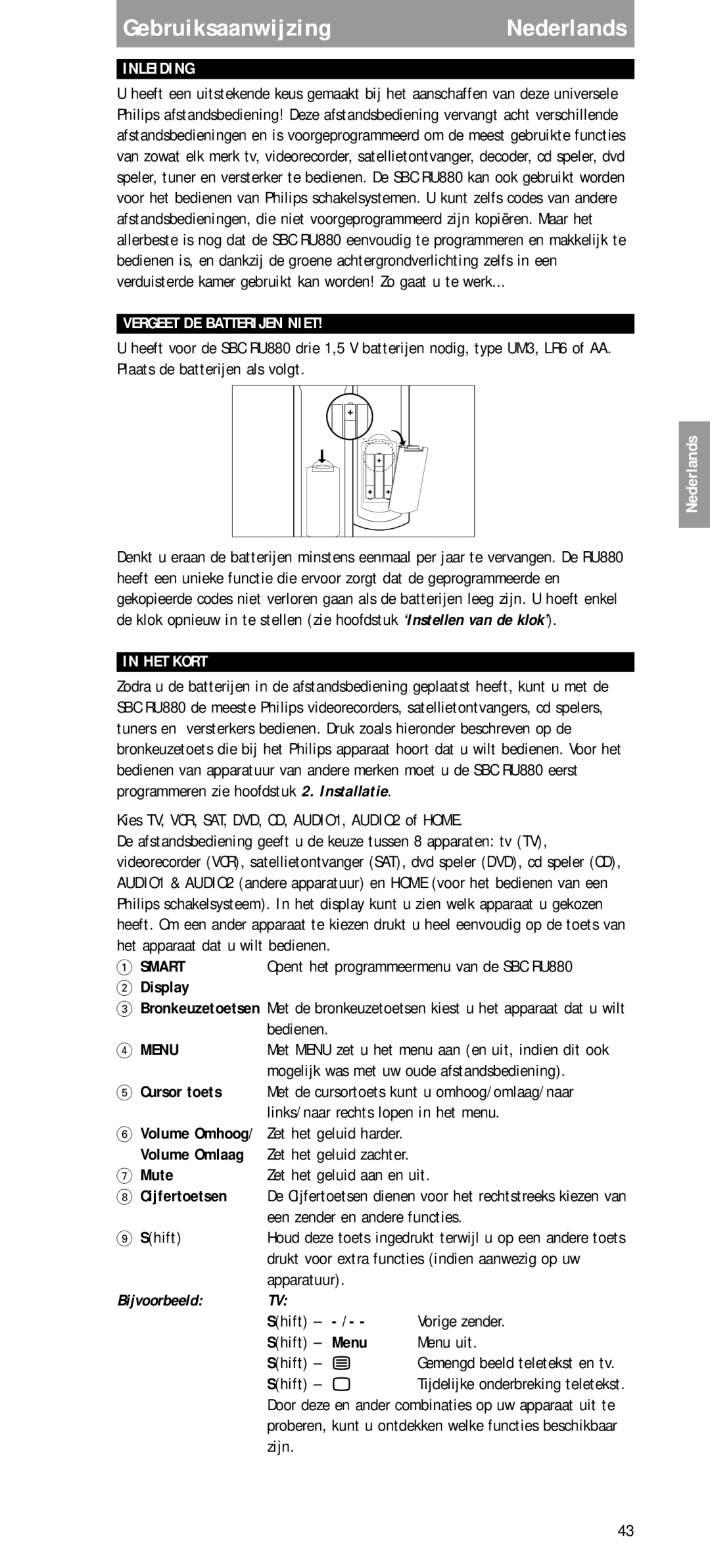 Philips SBC RU 880 manual Inleiding, Vergeet DE Batterijen Niet, HET Kort, Bijvoorbeeld 