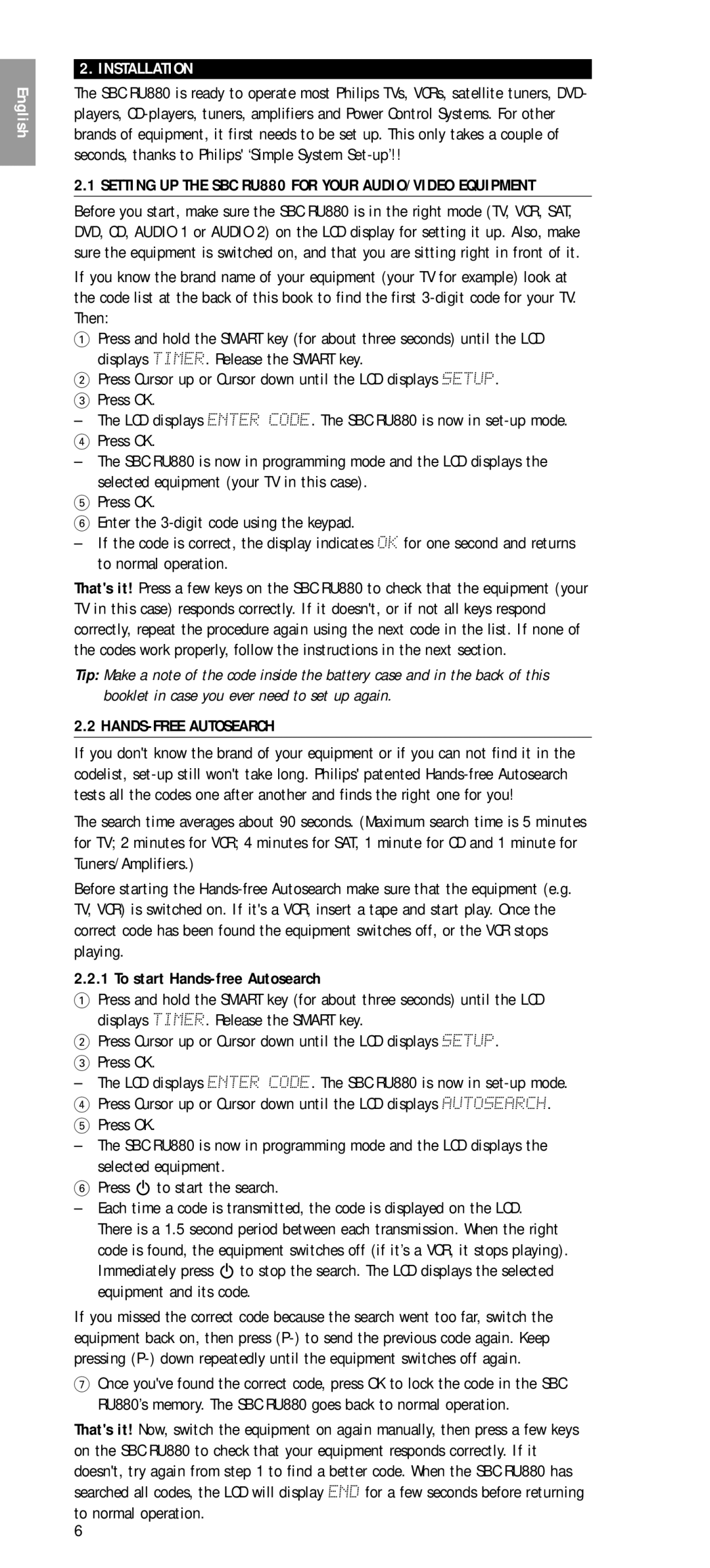 Philips SBC RU 880 manual Installation, Setting UP the SBC RU880 for Your AUDIO/VIDEO Equipment, HANDS-FREE Autosearch 