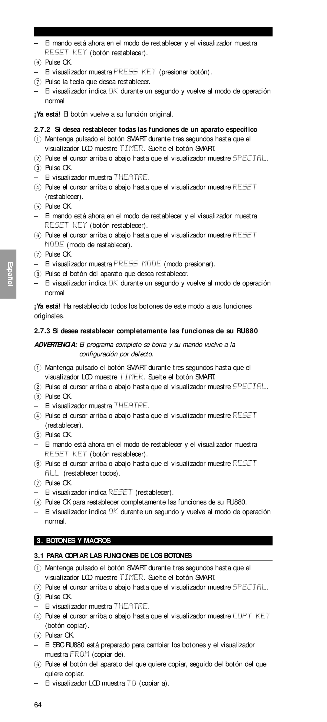 Philips SBC RU 880 manual Botones Y Macros, Para Copiar LAS Funciones DE LOS Botones 
