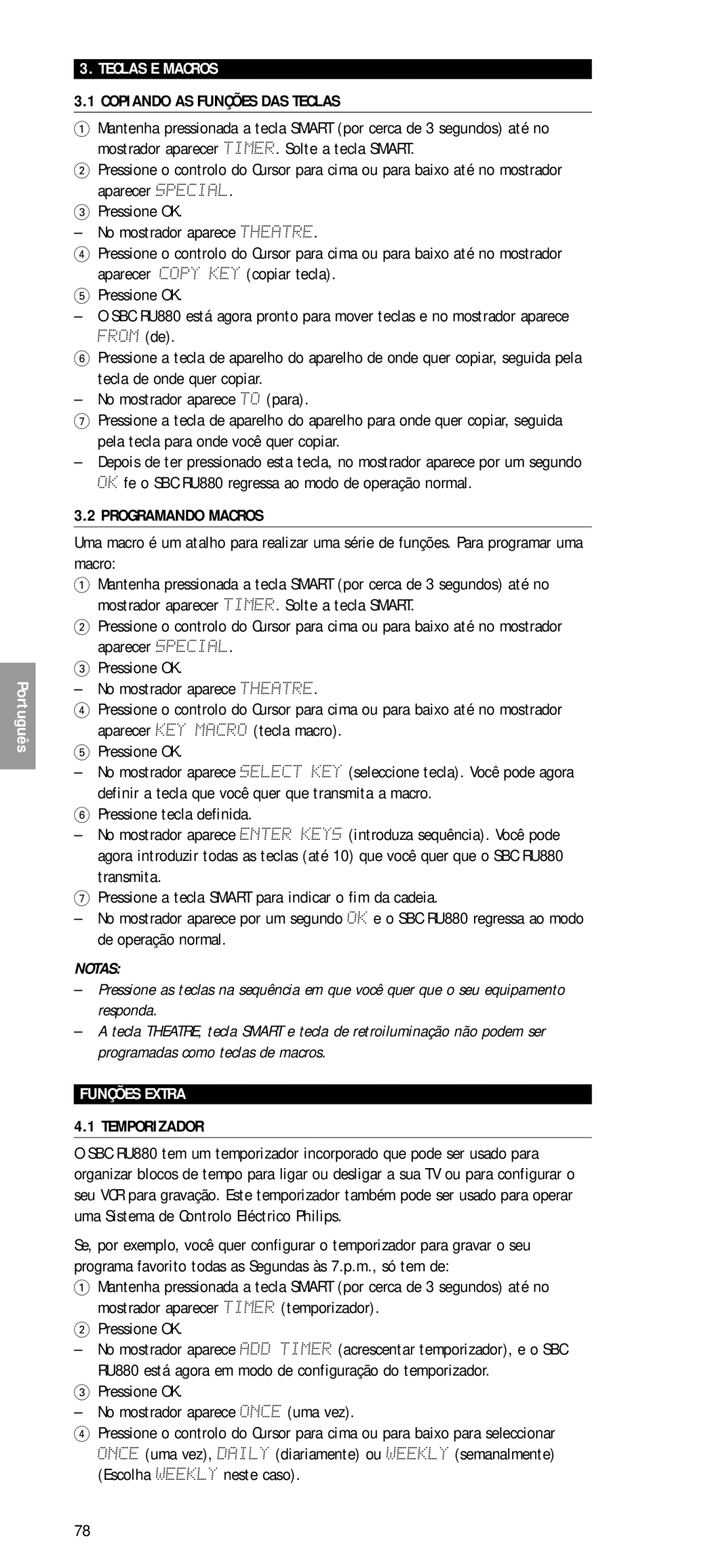 Philips SBC RU 880 manual Teclas E Macros, Copiando AS Funções DAS Teclas, Programando Macros, Funções Extra, Temporizador 
