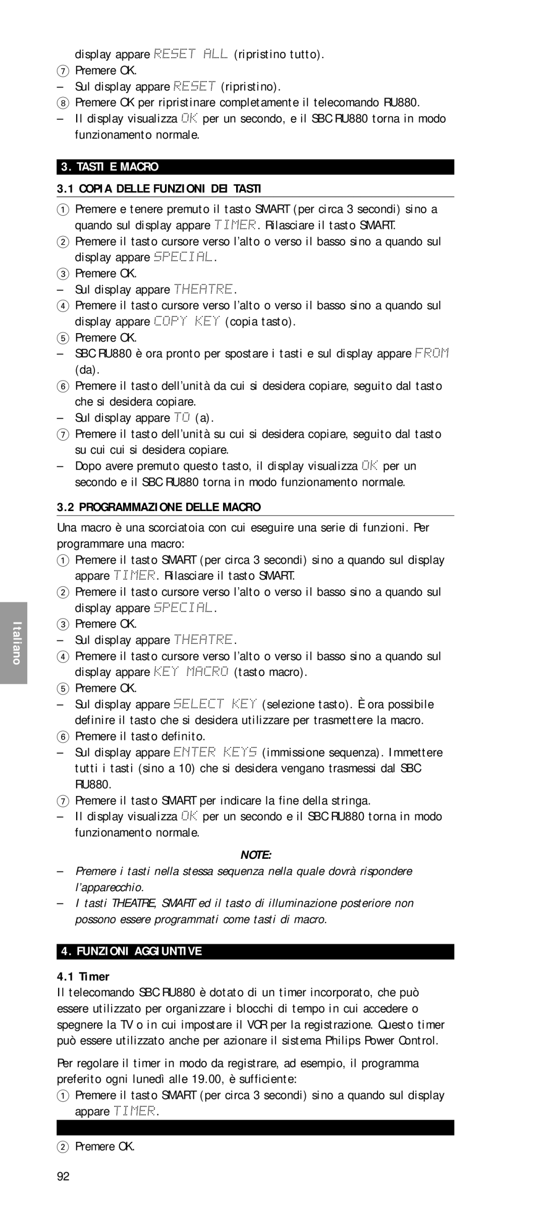 Philips SBC RU 880 Tasti E Macro, Copia Delle Funzioni DEI Tasti, Programmazione Delle Macro, Funzioni Aggiuntive, Timer 