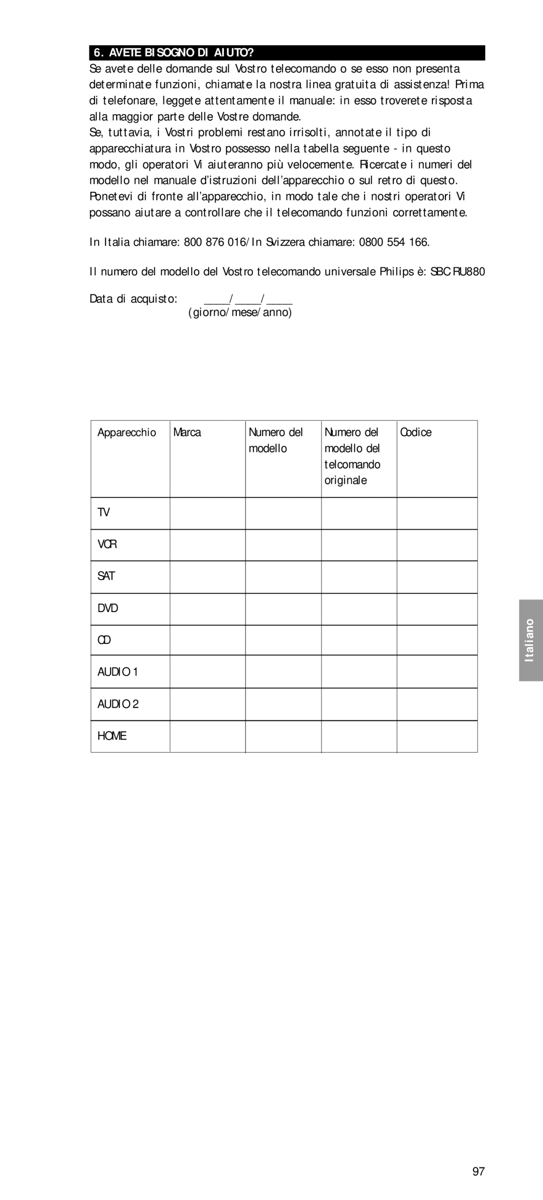 Philips SBC RU 880 manual Avete Bisogno DI AIUTO?, Data di acquisto Giorno/mese/anno 