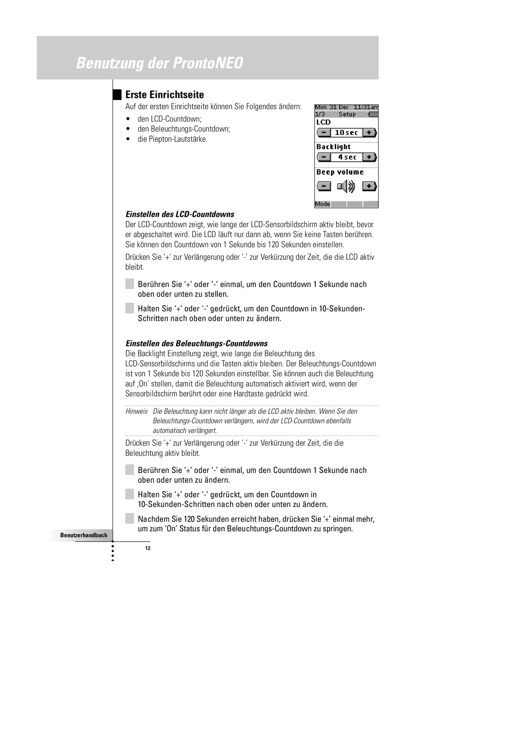 Philips SBC RU 930 manual Erste Einrichtseite, Einstellen des LCD-Countdowns, Einstellen des Beleuchtungs-Countdowns 