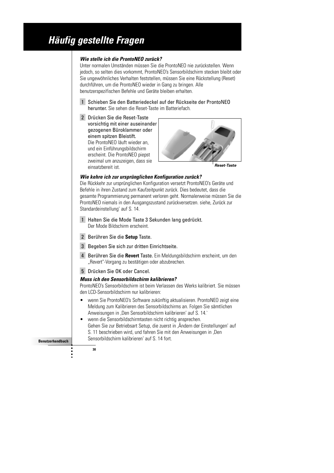 Philips SBC RU 930 manual Häufig gestellte Fragen, Wie stelle ich die ProntoNEO zurück? 