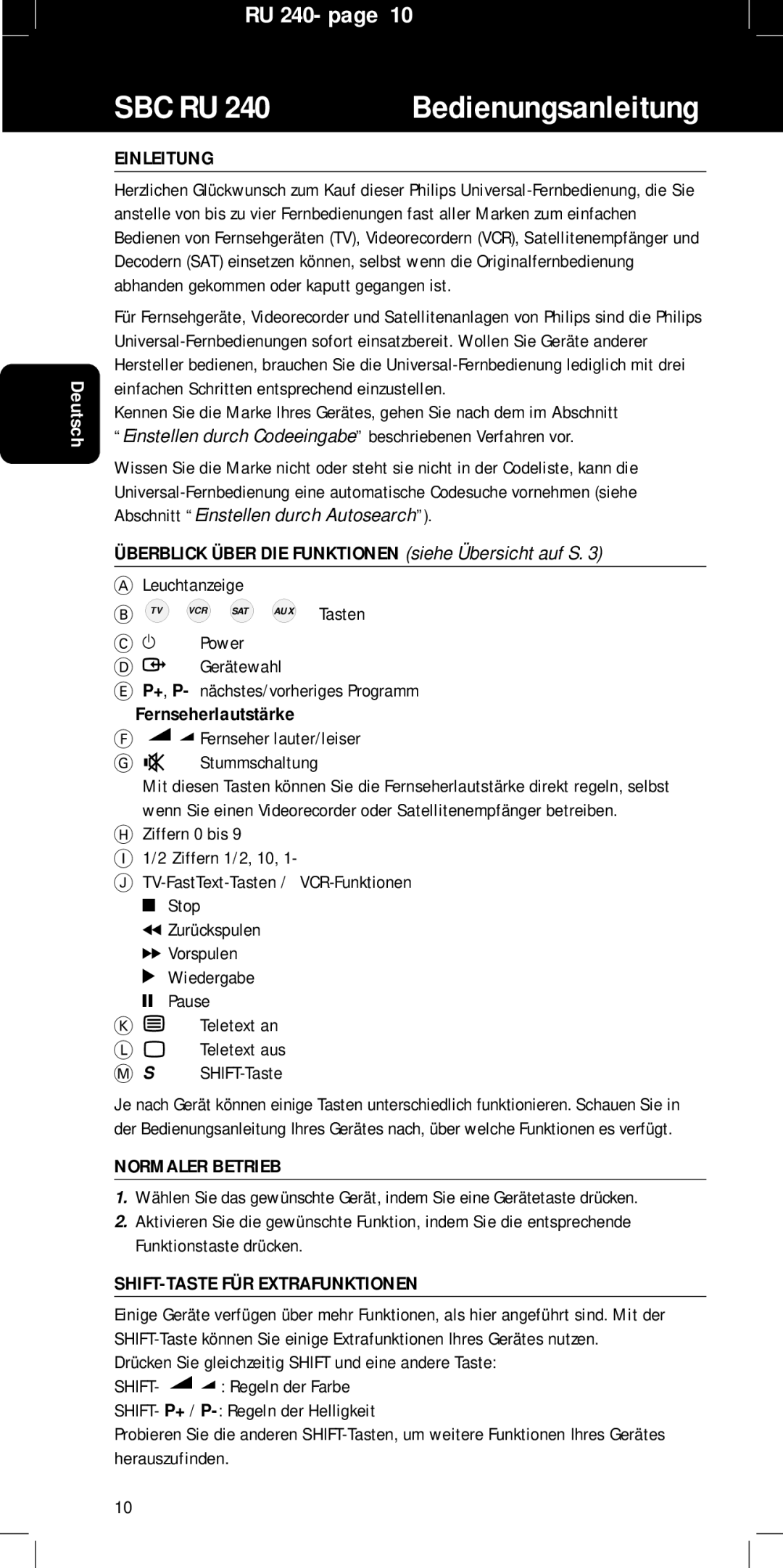 Philips SBC RU240/00U manual Bedienungsanleitung, Einleitung, Normaler Betrieb, SHIFT-TASTE FÜR Extrafunktionen 