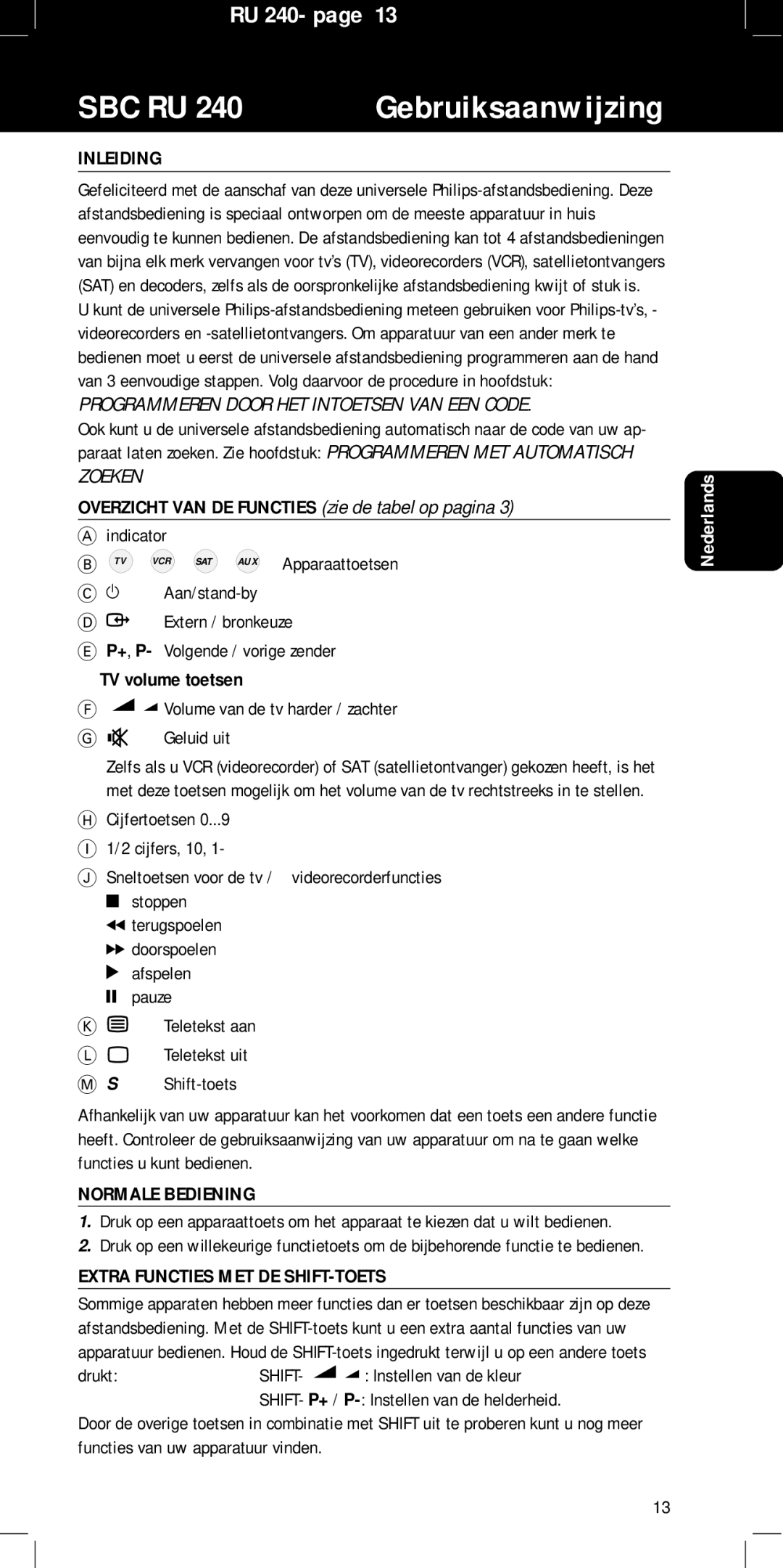 Philips SBC RU240/00U manual Inleiding, Extern / bronkeuze, Normale Bediening, Extra Functies MET DE SHIFT-TOETS 