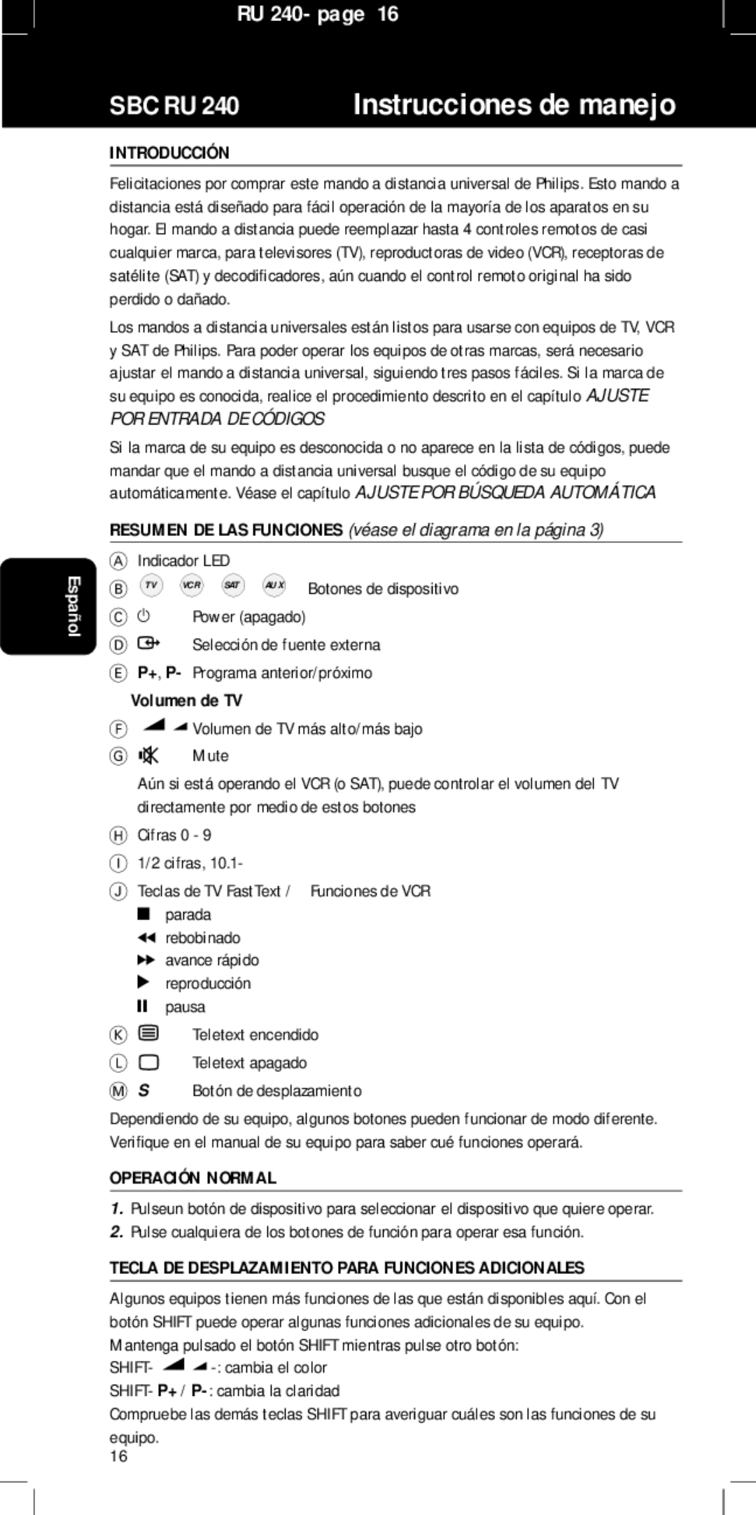 Philips SBC RU240/00U manual Instrucciones de manejo, Introducción, Volumen de TV, Operación Normal 