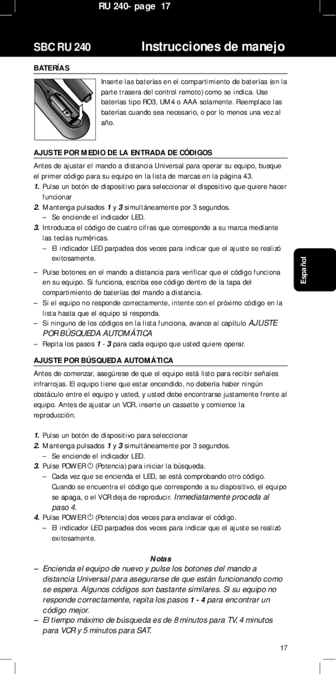 Philips SBC RU240/00U manual Baterías, Ajuste POR Medio DE LA Entrada DE Códigos, Ajuste POR Búsqueda Automática, Notas 