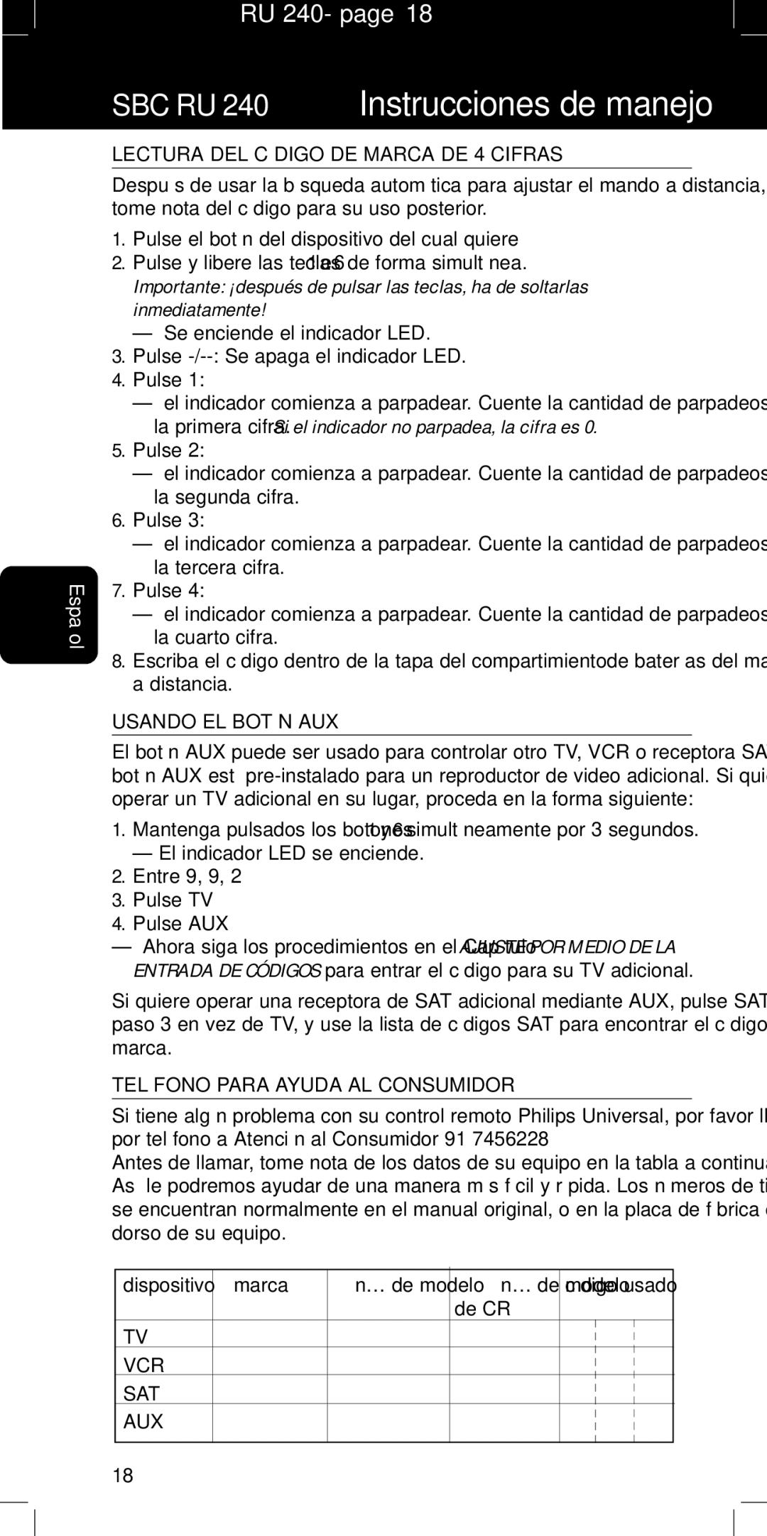 Philips SBC RU240/00U Lectura DEL Código DE Marca DE 4 Cifras, Usando EL Botón AUX, Teléfono Para Ayuda AL Consumidor 