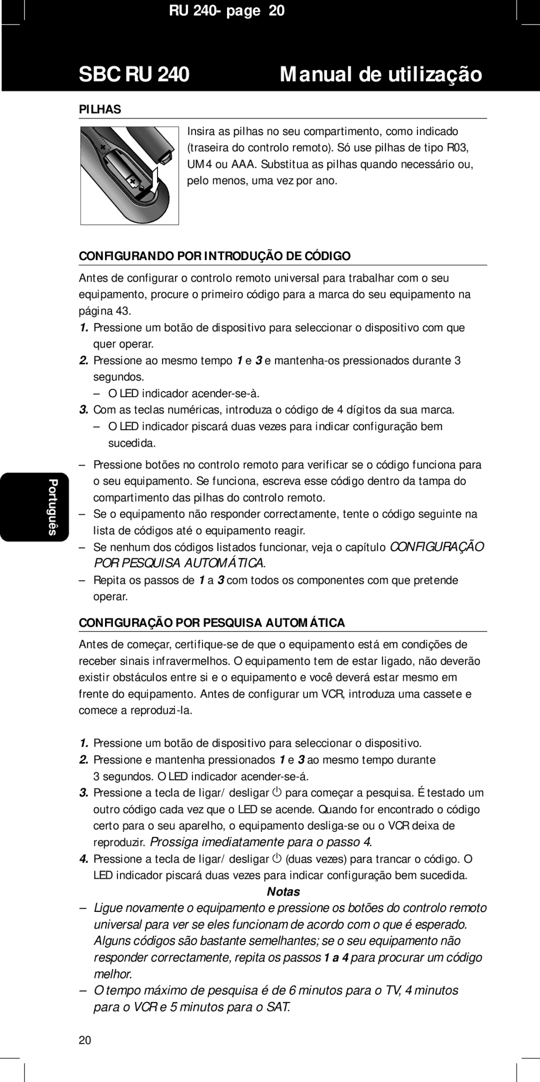 Philips SBC RU240/00U manual Pilhas, Configurando POR Introdução DE Código, Configuração POR Pesquisa Automática 