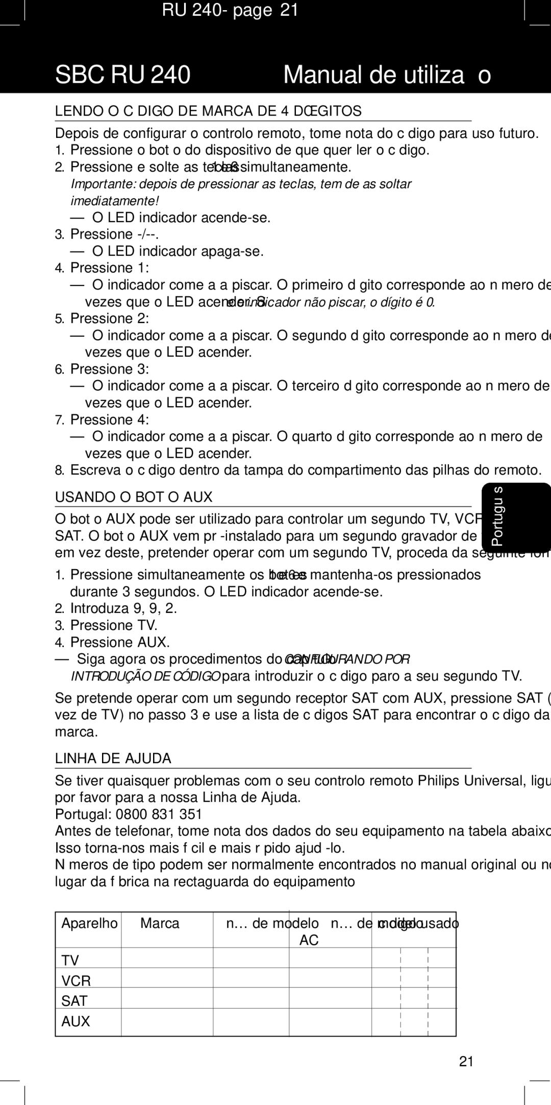 Philips SBC RU240/00U manual Lendo O Código DE Marca DE 4 Dígitos, Usando O Botão AUX, Linha DE Ajuda 