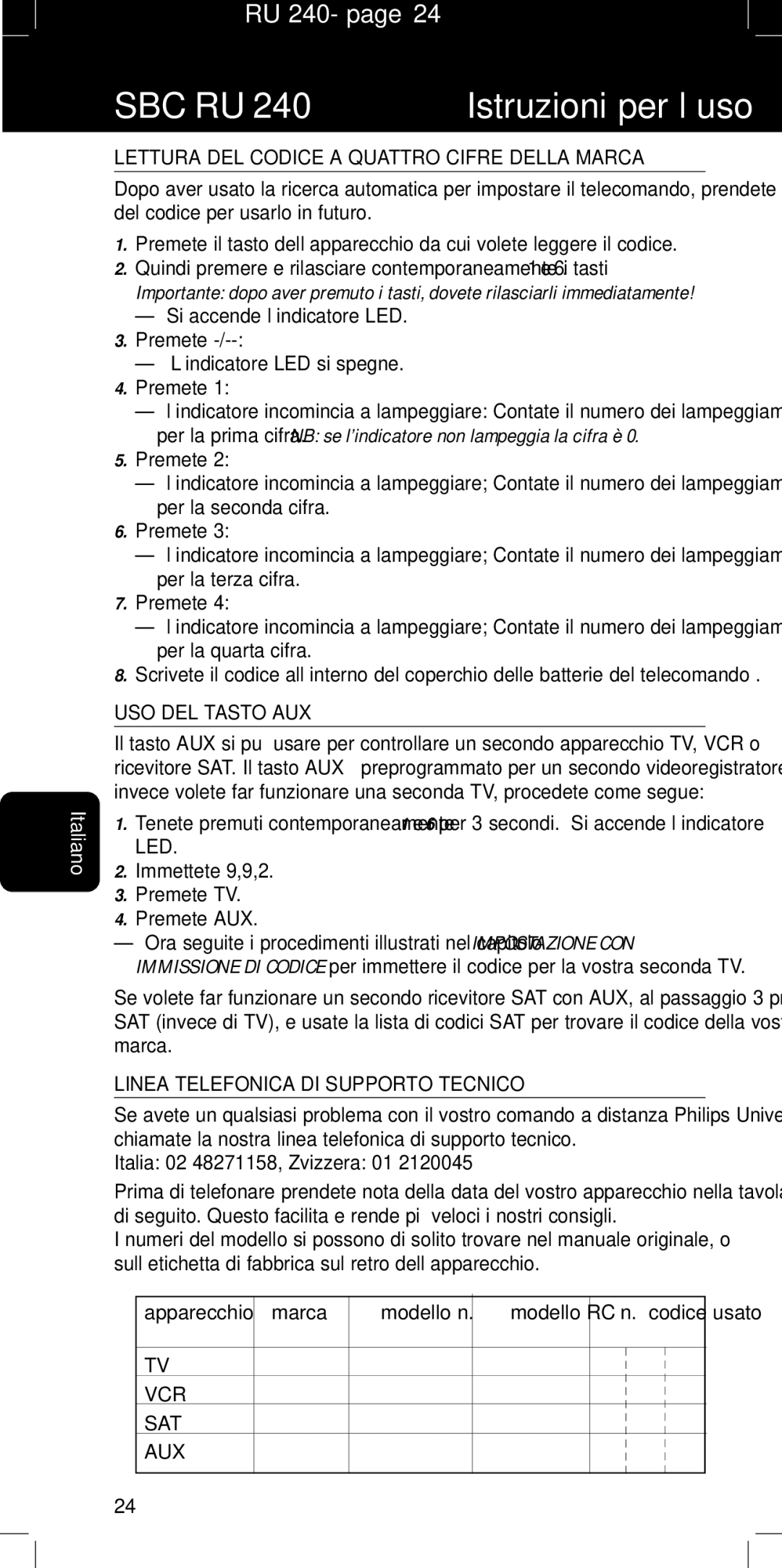 Philips SBC RU240/00U Lettura DEL Codice a Quattro Cifre Della Marca, USO DEL Tasto AUX, Italia 02 48271158, Zvizzera 01 