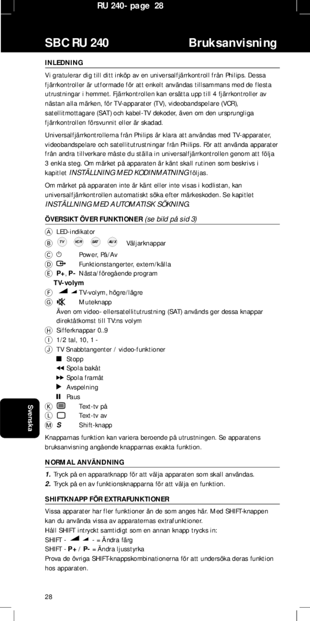 Philips SBC RU240/00U manual Bruksanvisning, Inledning, Normal Användning, Shiftknapp FÖR Extrafunktioner 